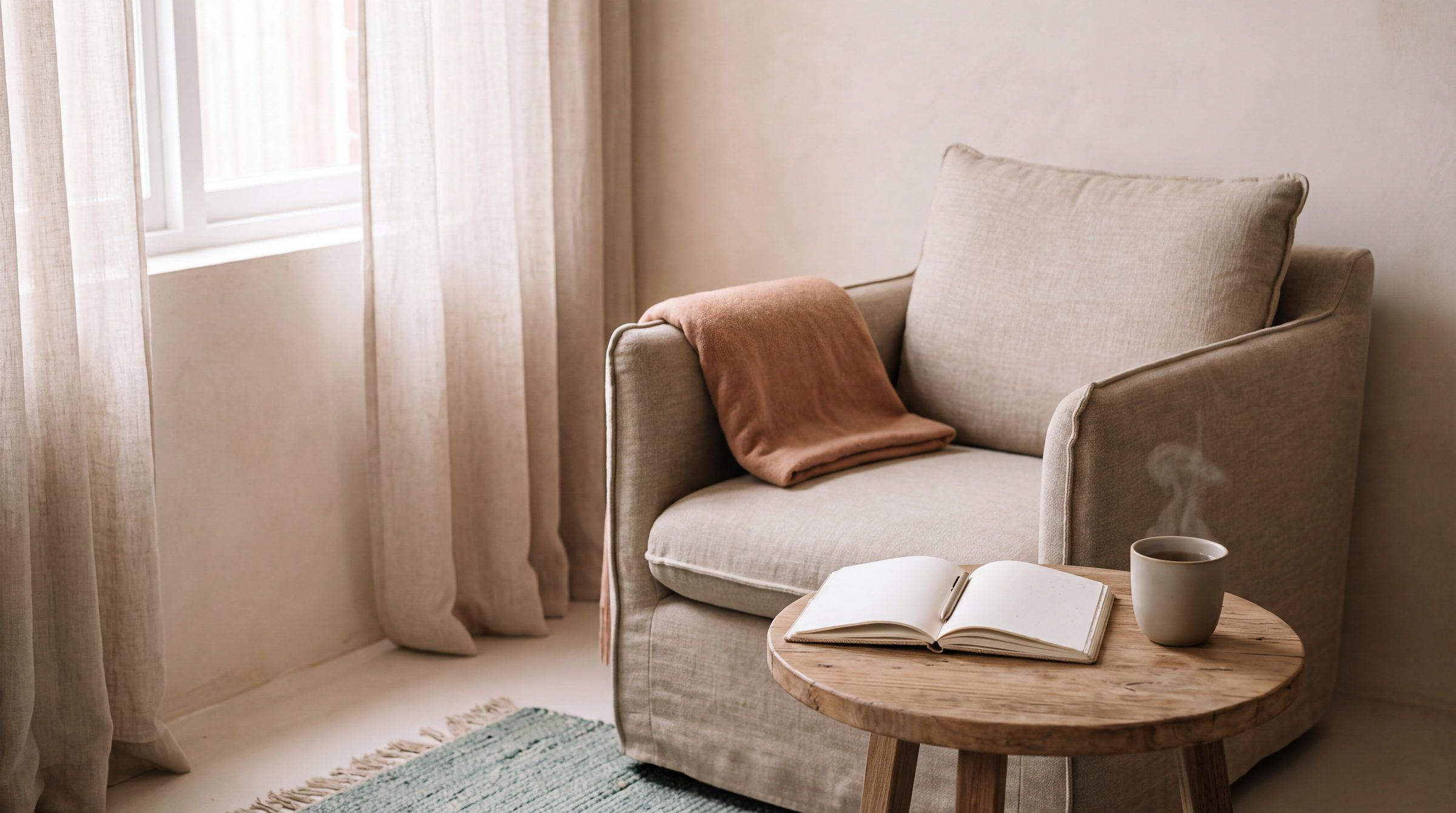 An open notebook and a cup of tea on a timber side table beside a linen armchair in window light