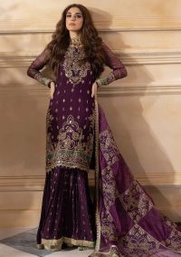 Embroidered Plum Gharara Suit - Thumbnail 1