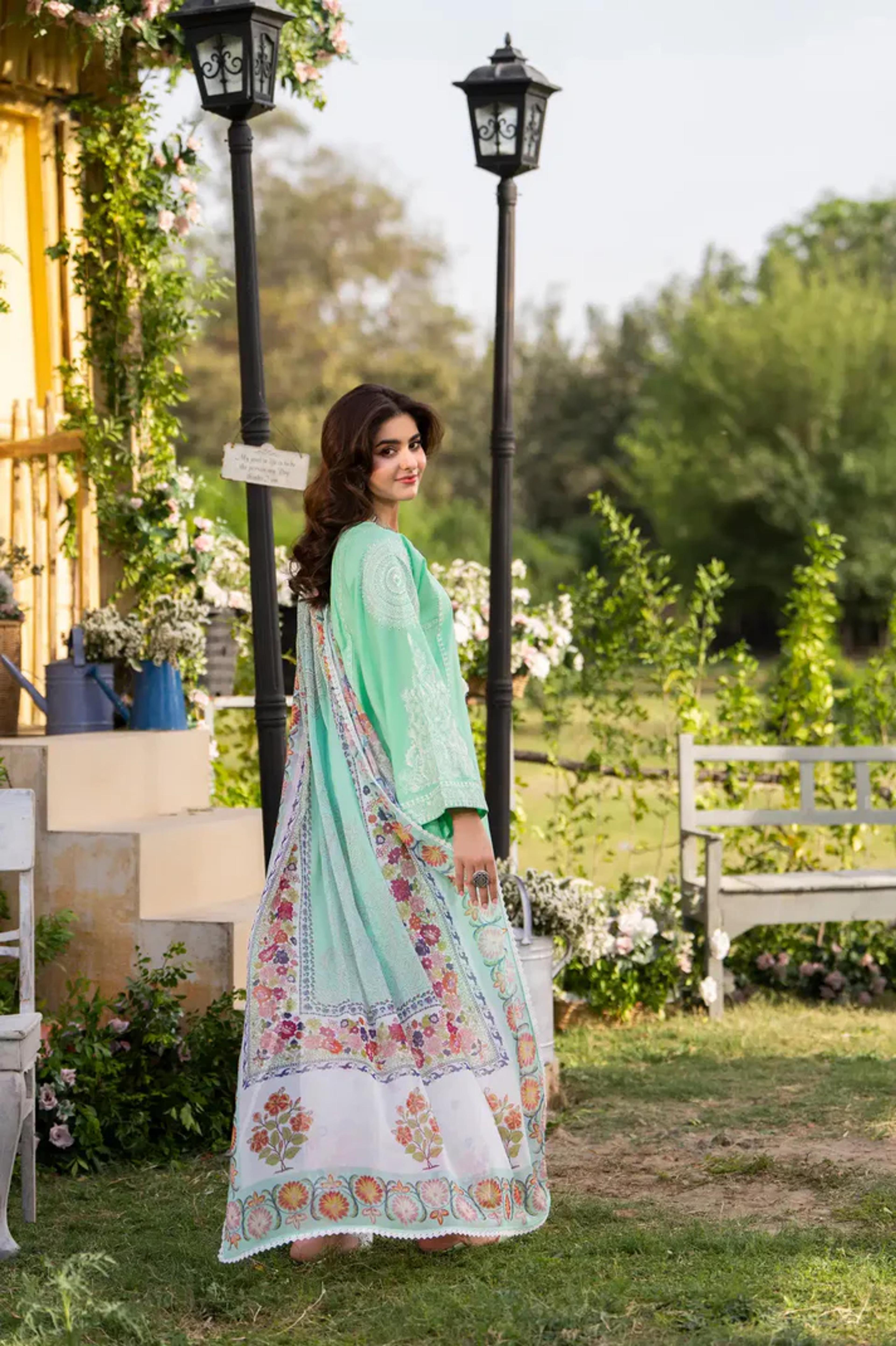 Embroidered Shirt & Printed Chiffon Dupatta - Thumbnail 13