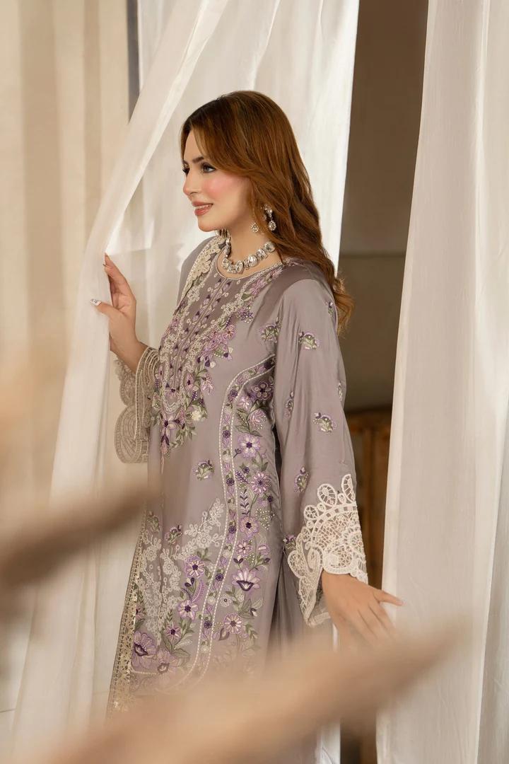 Multi Thread Embroidered Silk Suit - Image 16