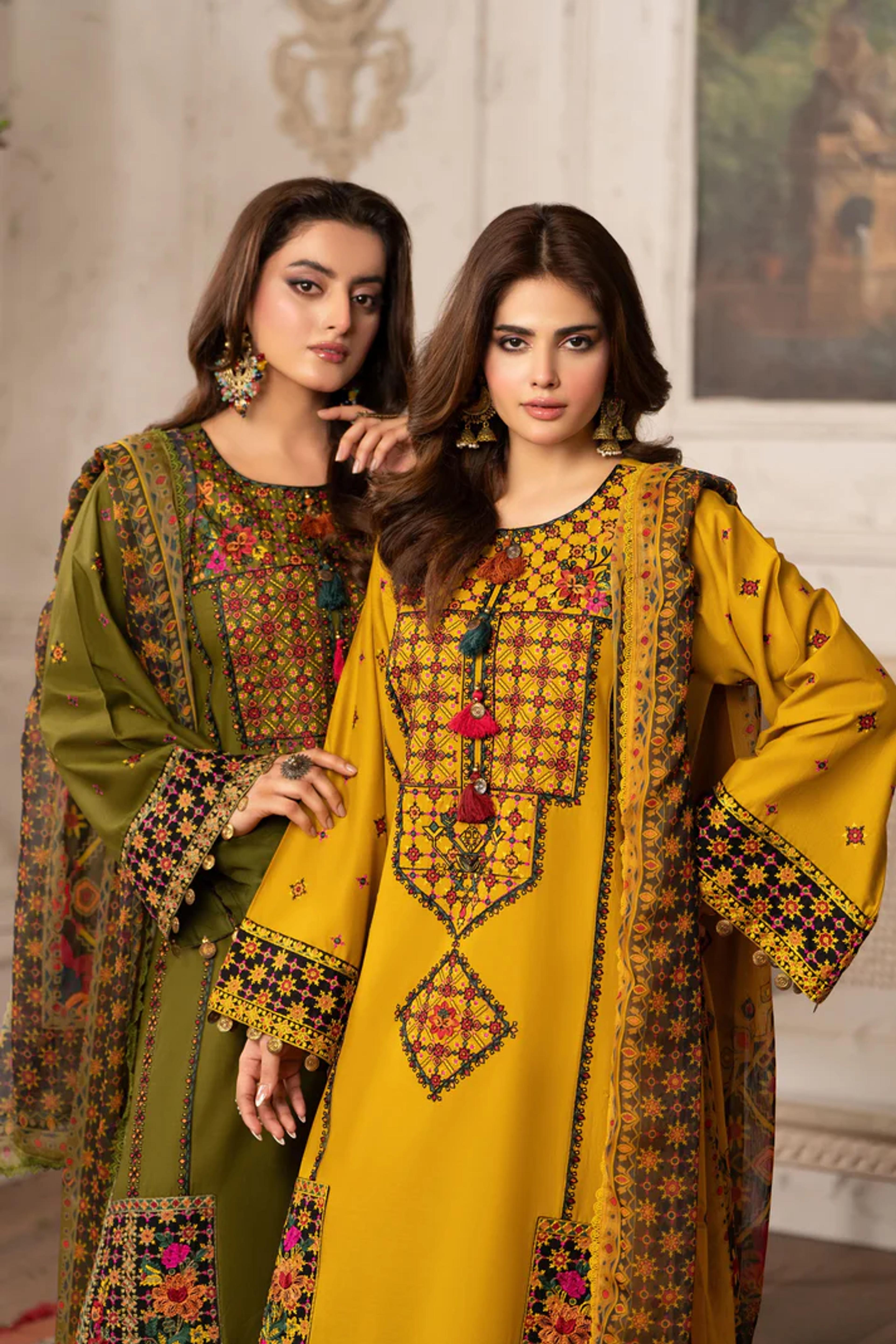 Sindhi Embroidered Shirt & Loose Trouser with Chiffon Dupatta - Thumbnail 1