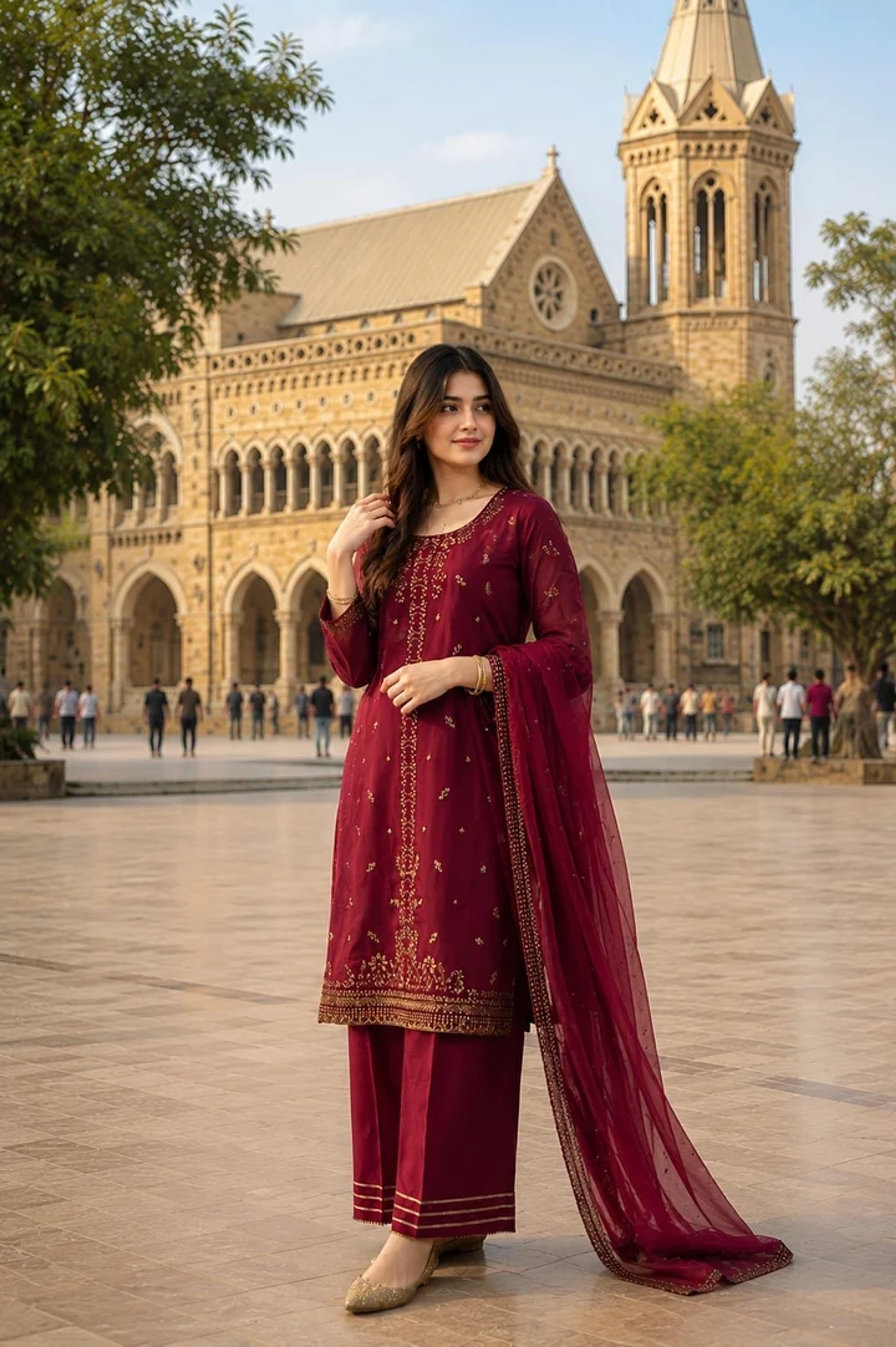 Raw Silk Suit with Flapper & Chiffon Dupatta - Thumbnail 2