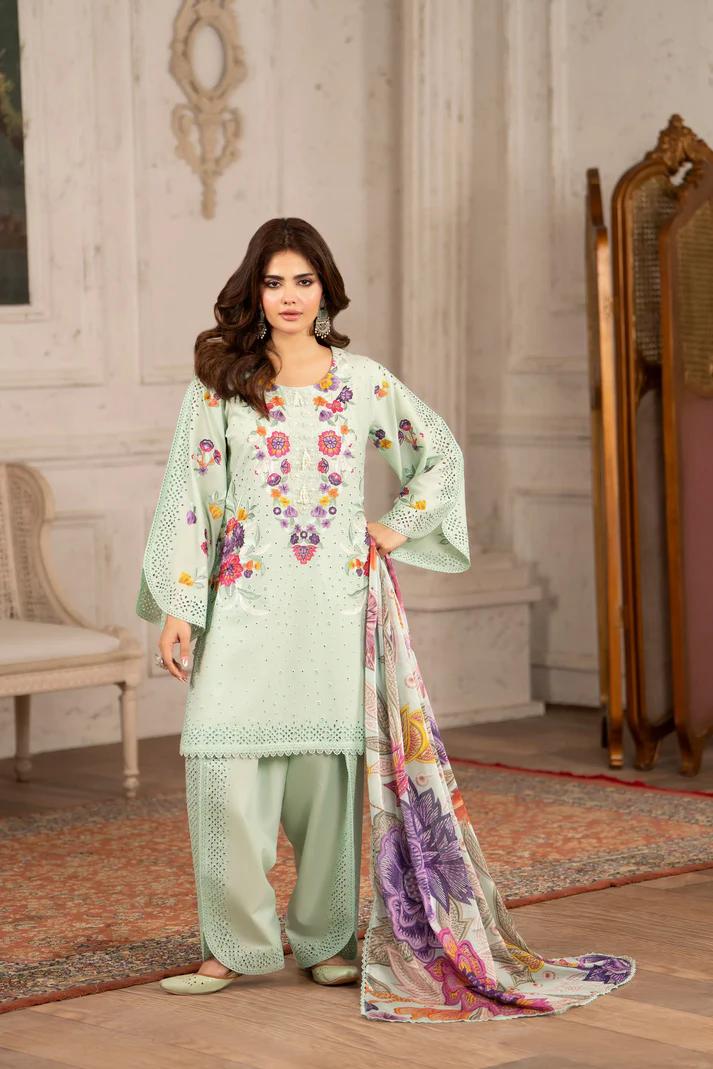 Embroidered Short Shirt & Tulip Shalwar with Chiffon Dupatta - Image 8