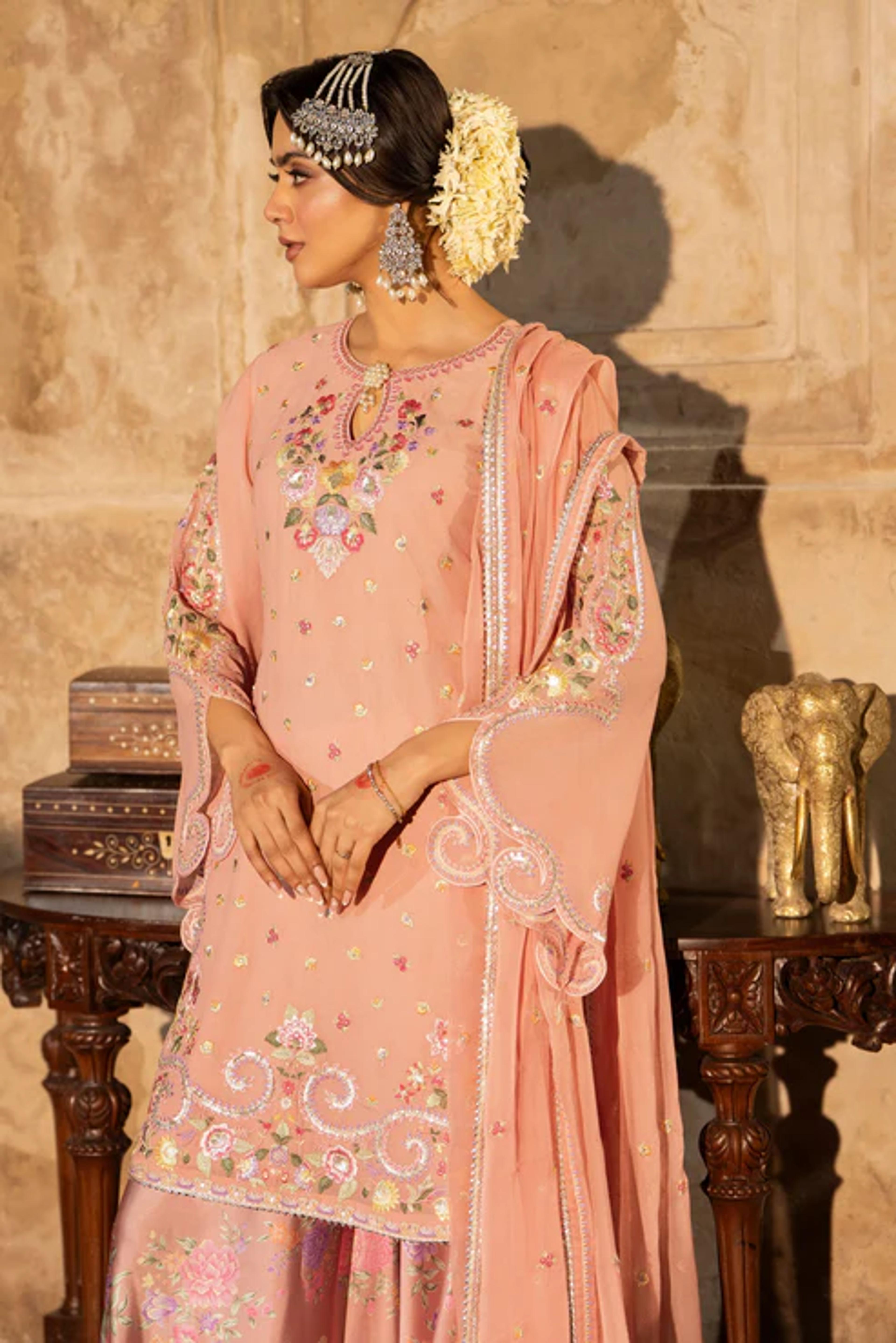 Embroidered Shirt with Printed Silk Sharara - Thumbnail 2