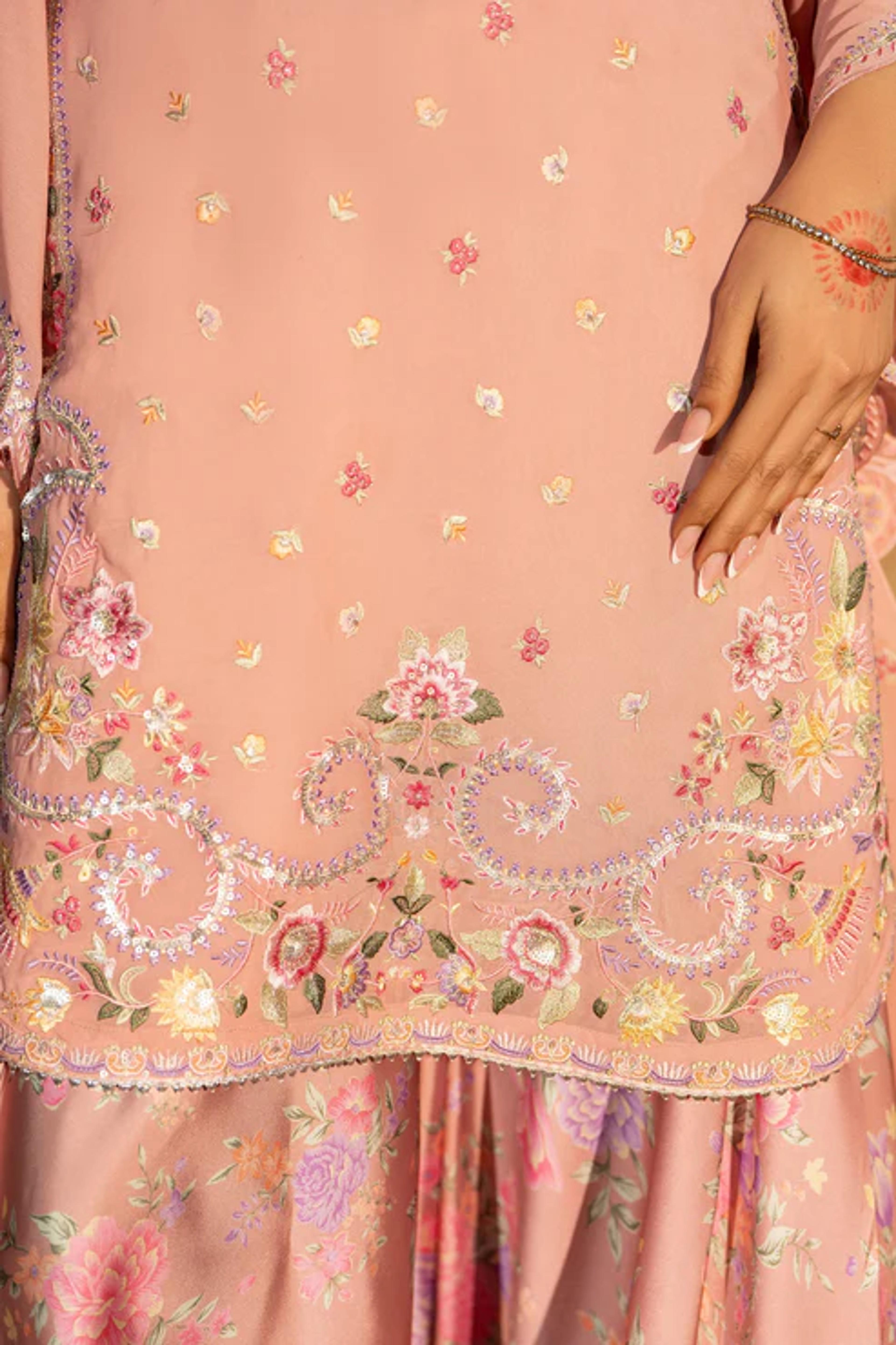 Embroidered Shirt with Printed Silk Sharara - Thumbnail 5