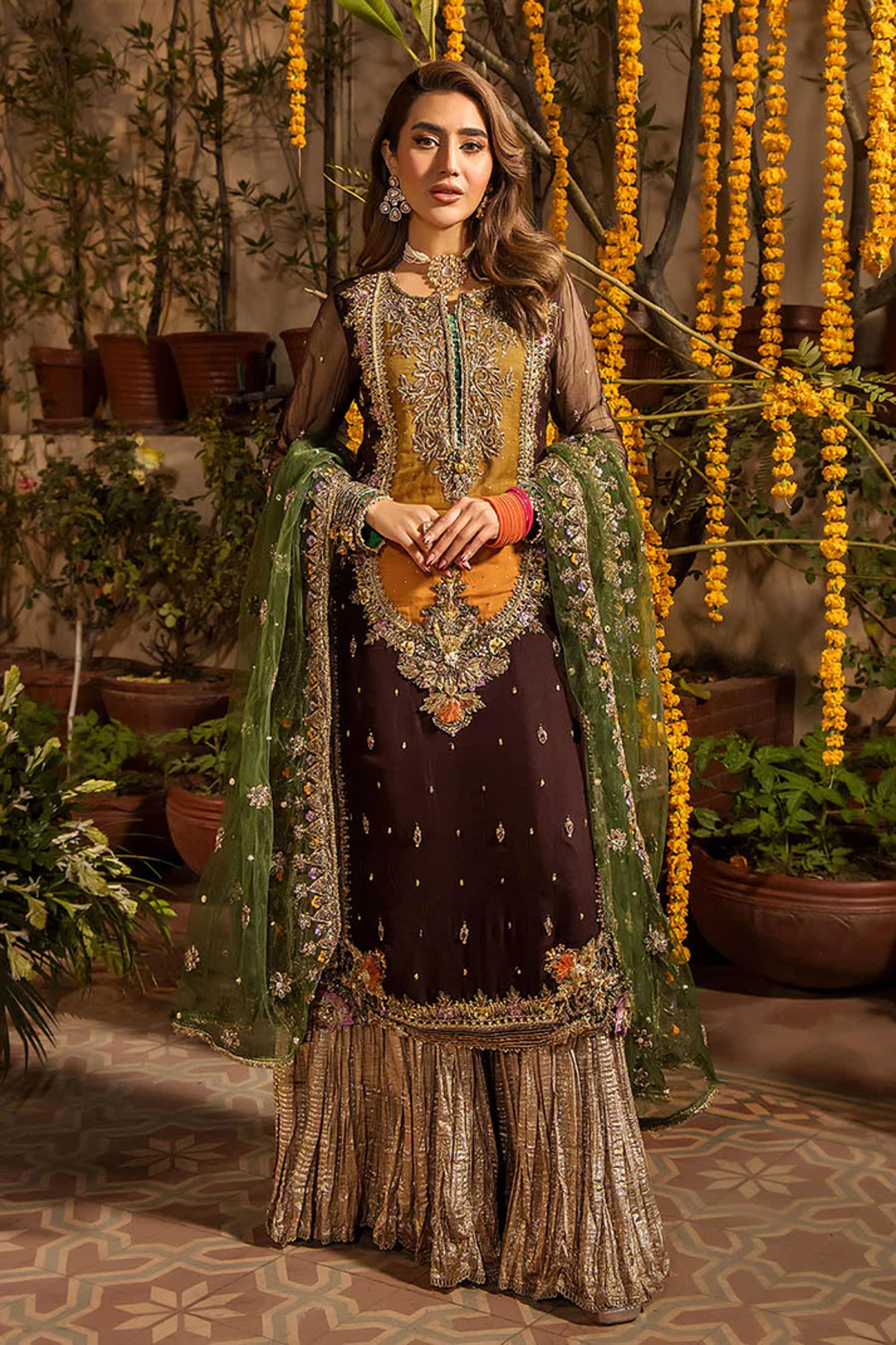 Embroidered Chiffon Suit with Net Dupatta & Sharara - Thumbnail 1