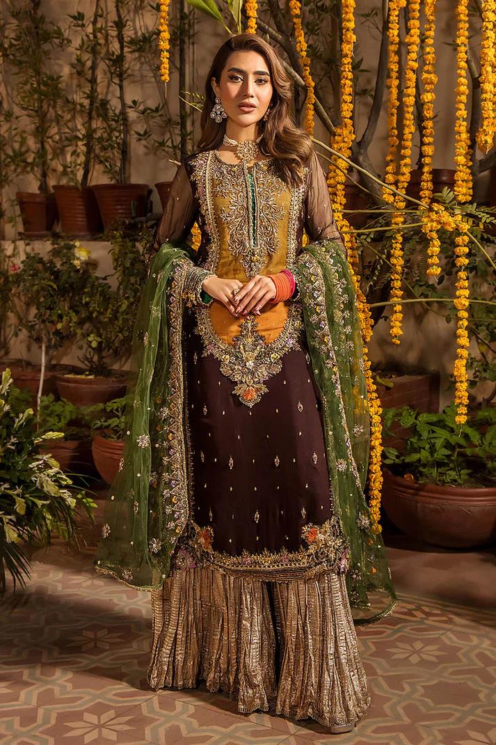 Embroidered Chiffon Suit with Net Dupatta & Sharara - Image 1