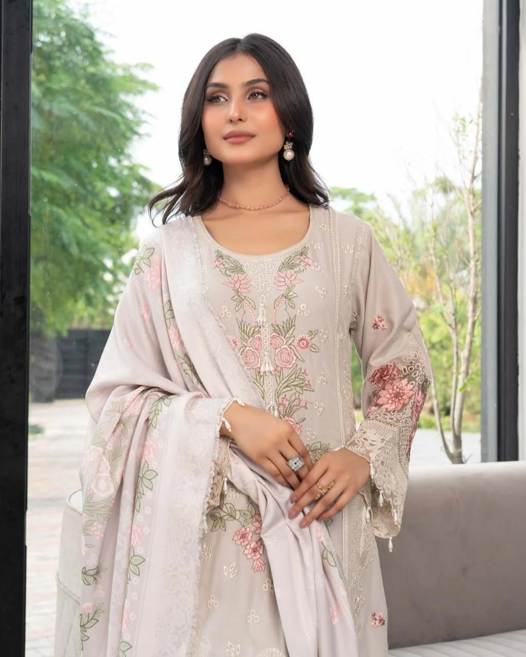 Embroidered Dhanak with Floral Neckline - Image 3