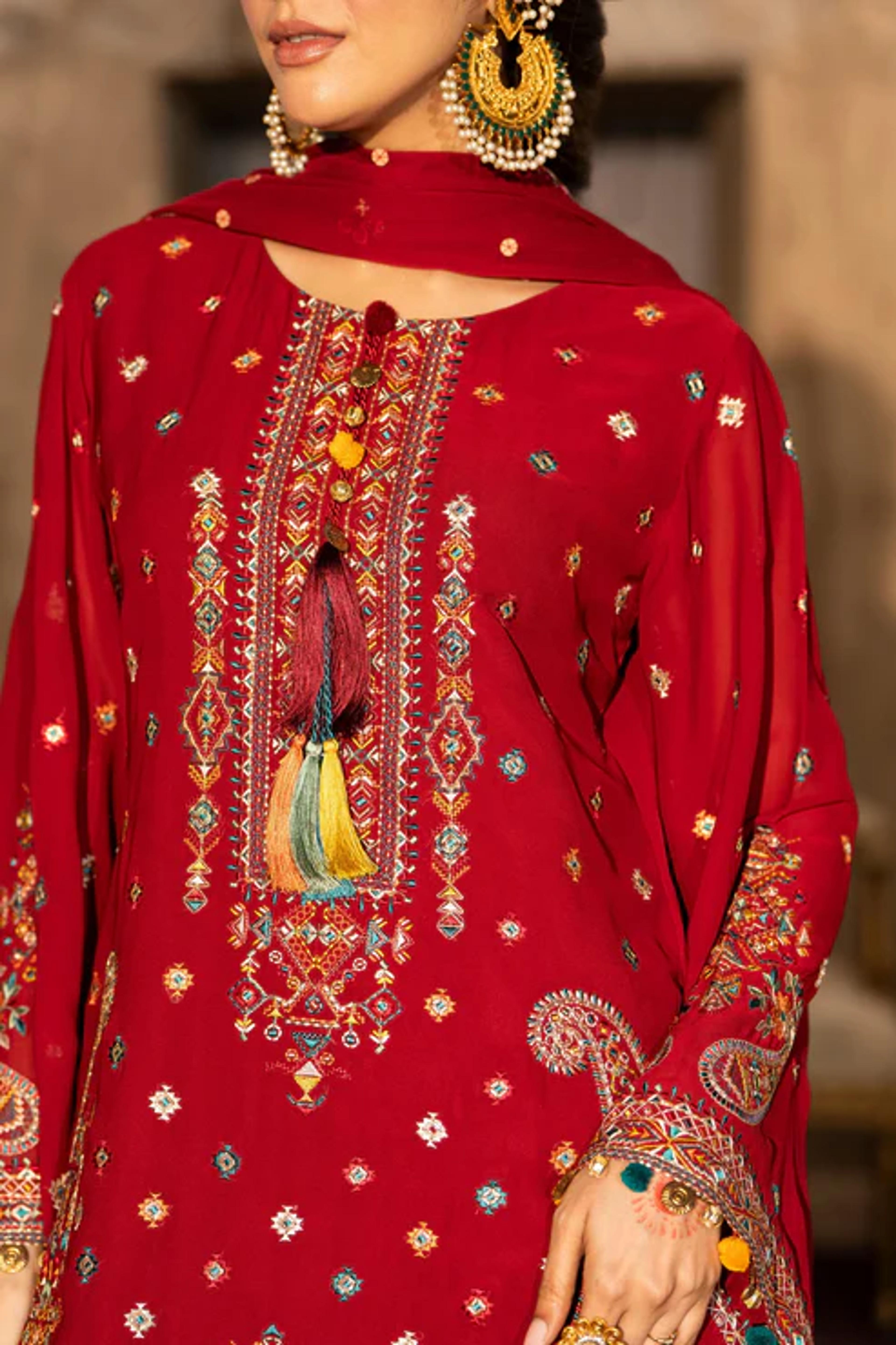 Chiffon Threadwork Suit with Gota Dupatta - Thumbnail 11