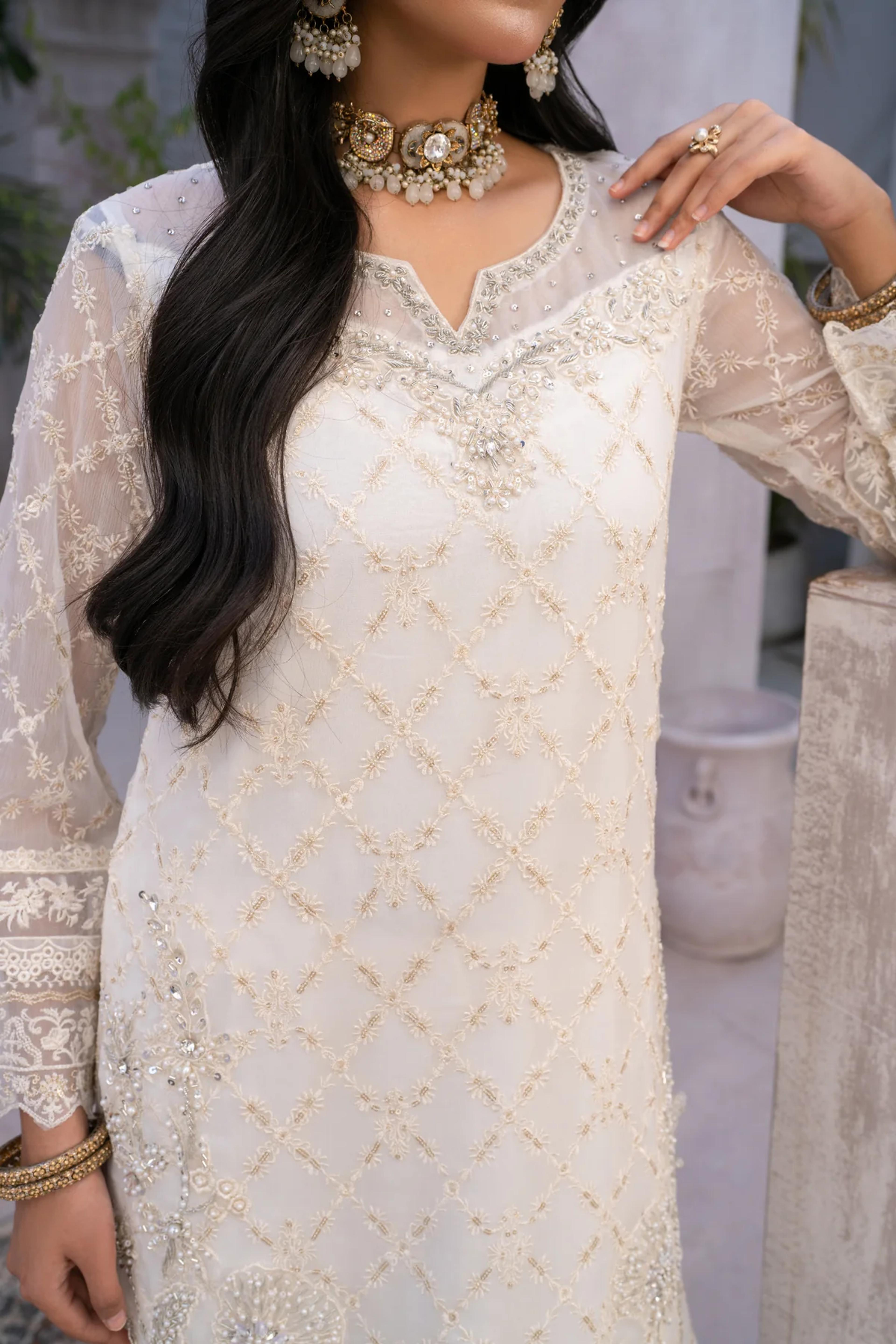 Shirt with Silver Kora Dabka Work & Trousers - Thumbnail 2