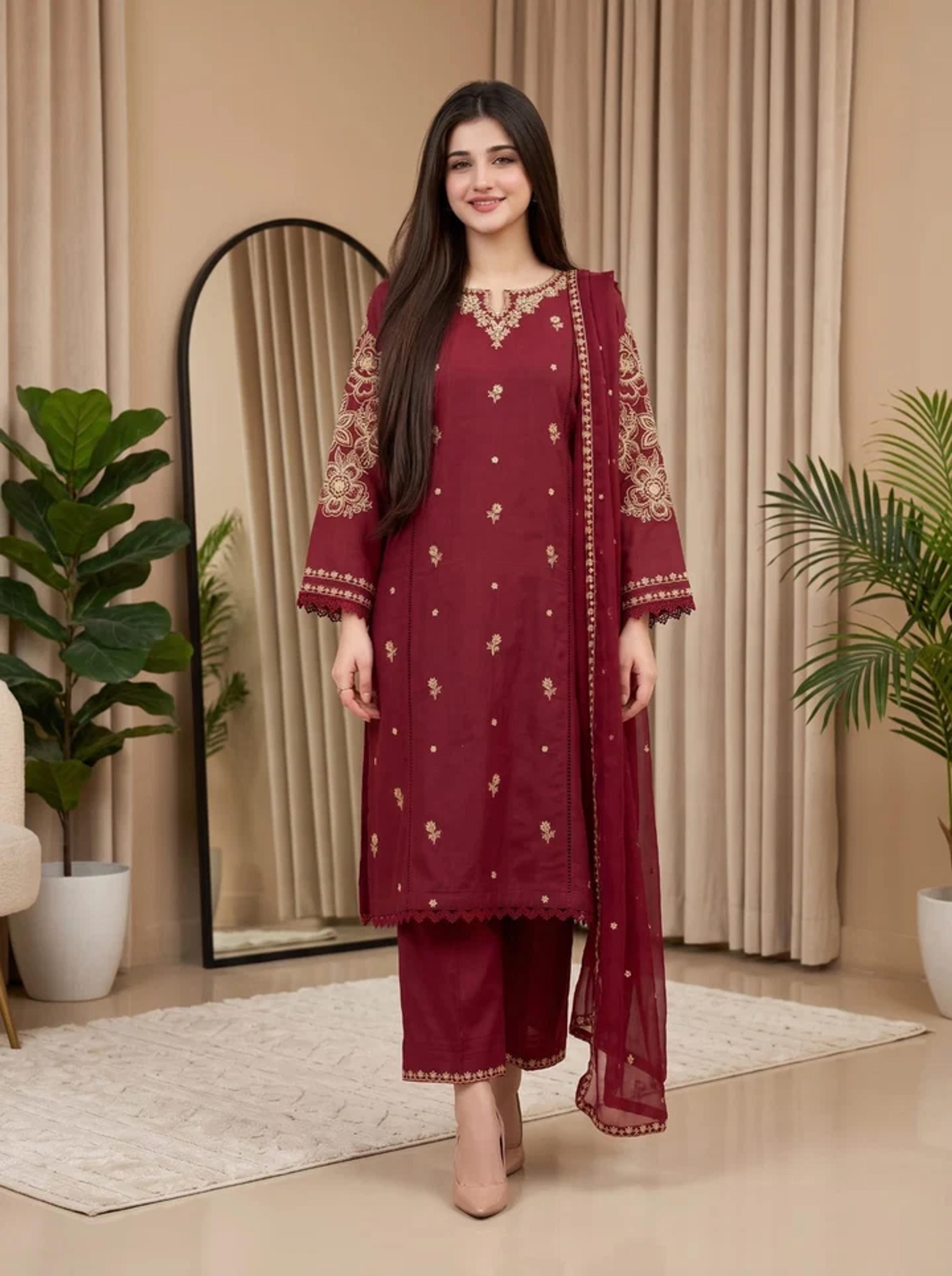 Refined Cotton Lawn Suit with Embroidered - Thumbnail 1