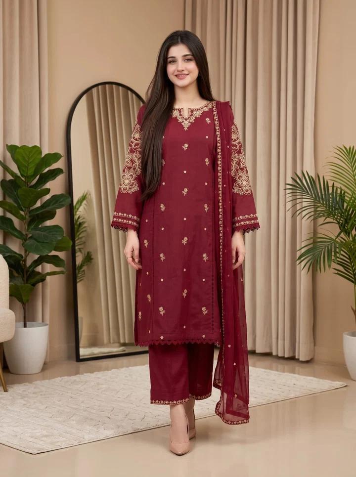 Refined Cotton Lawn Suit with Embroidered - Image 1