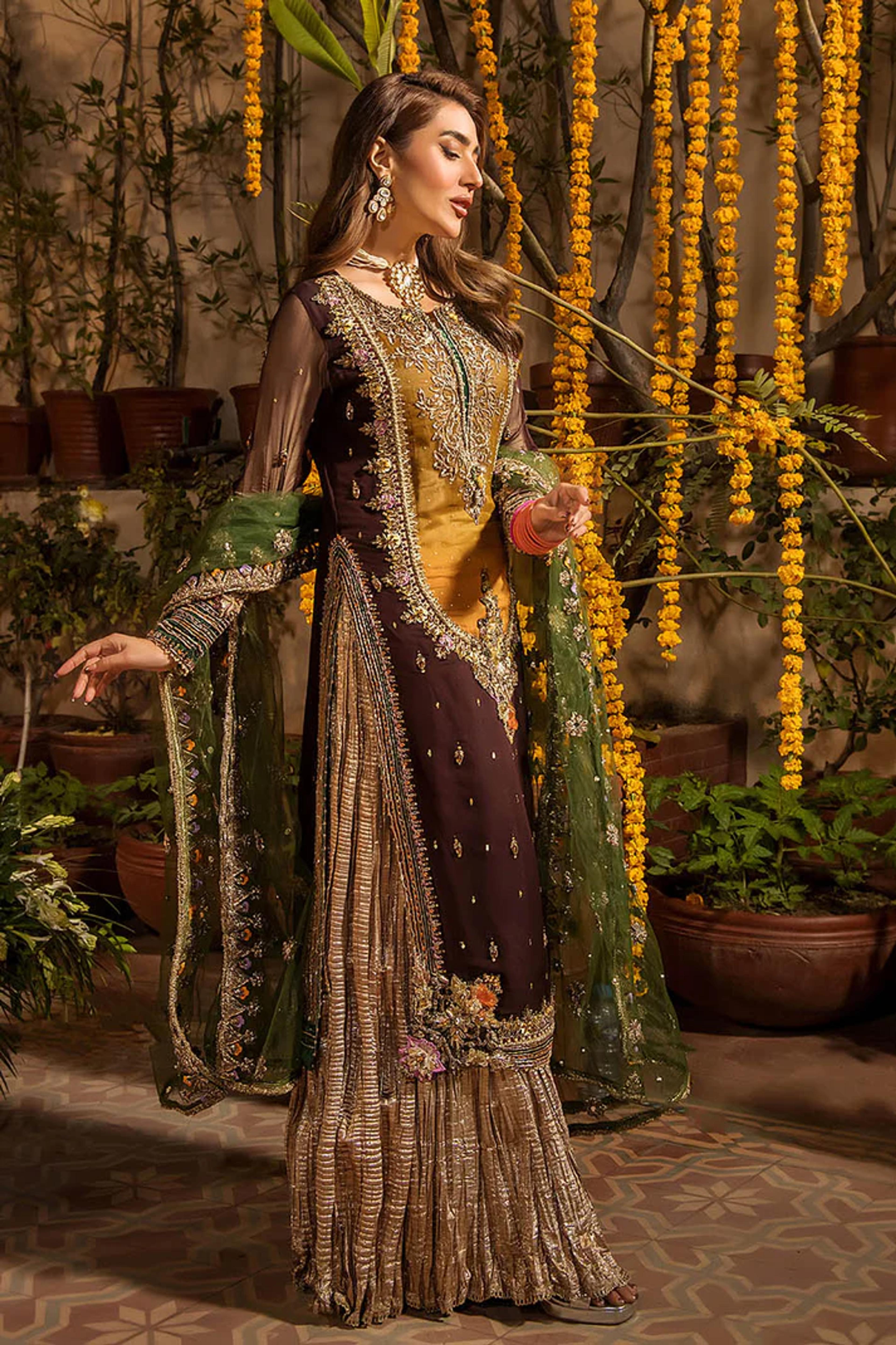 Embroidered Chiffon Suit with Net Dupatta & Sharara - Thumbnail 2
