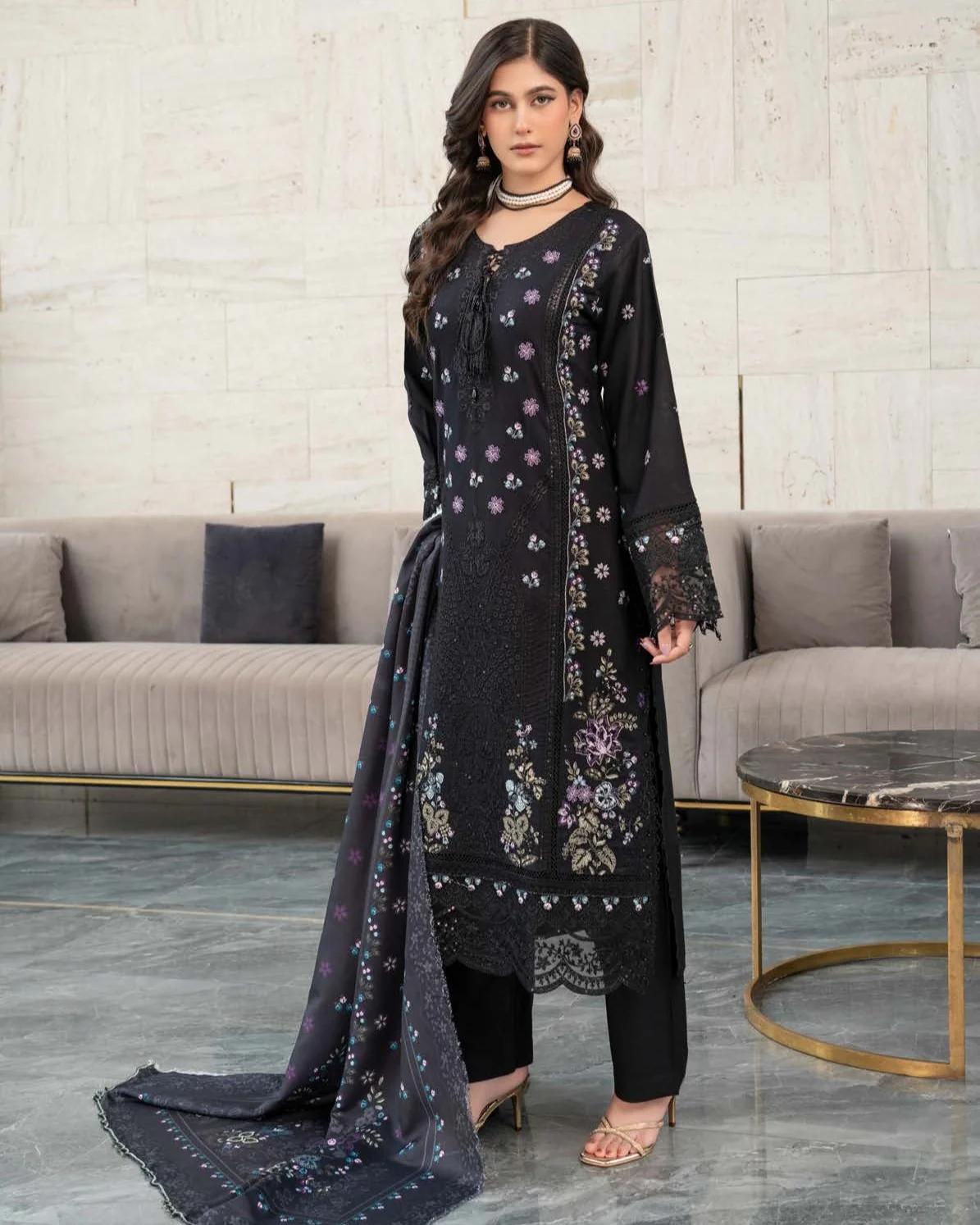 Embroidered Suit with Lace Up Neckline - Image 3