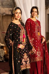 Chiffon Threadwork Suit with Gota Dupatta - Thumbnail 1