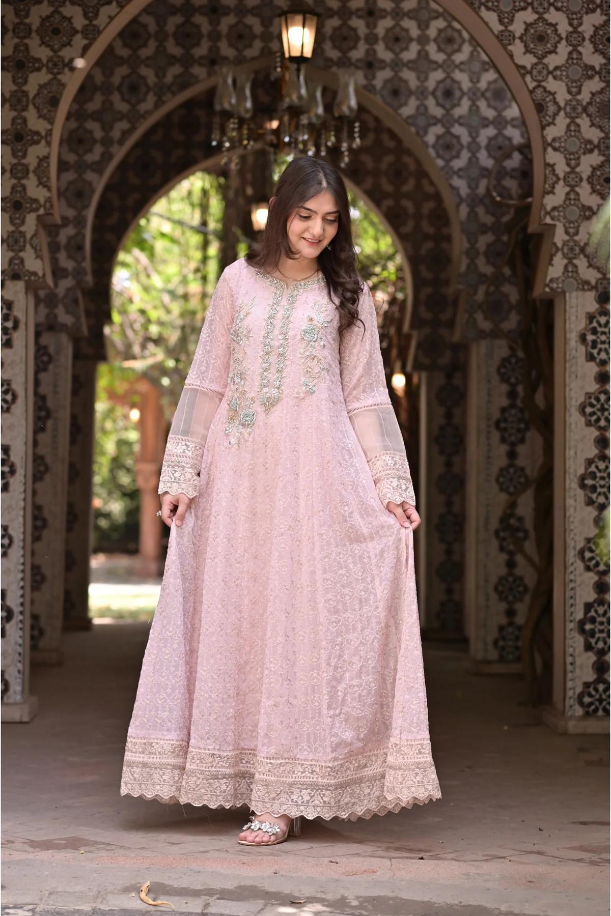 Chiffon Hand-Worked Long Frock - Image 1