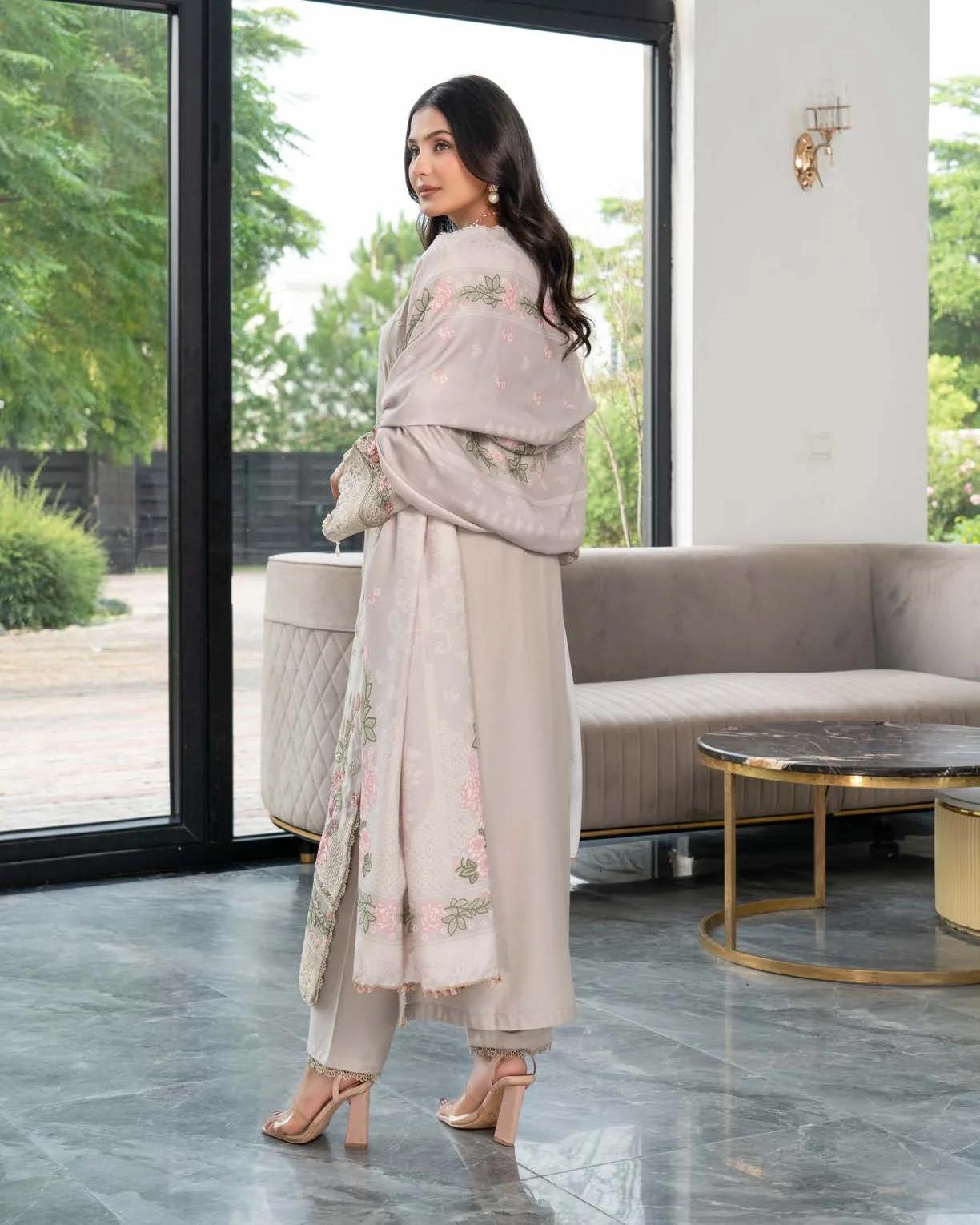 Embroidered Dhanak with Floral Neckline - Image 2