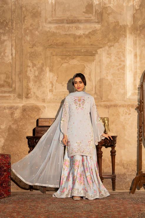 Embroidered Shirt with Printed Silk Sharara - Image 9