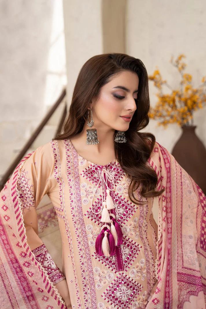 Embroidered Cotton Suit with Applique & Tassels - Image 12