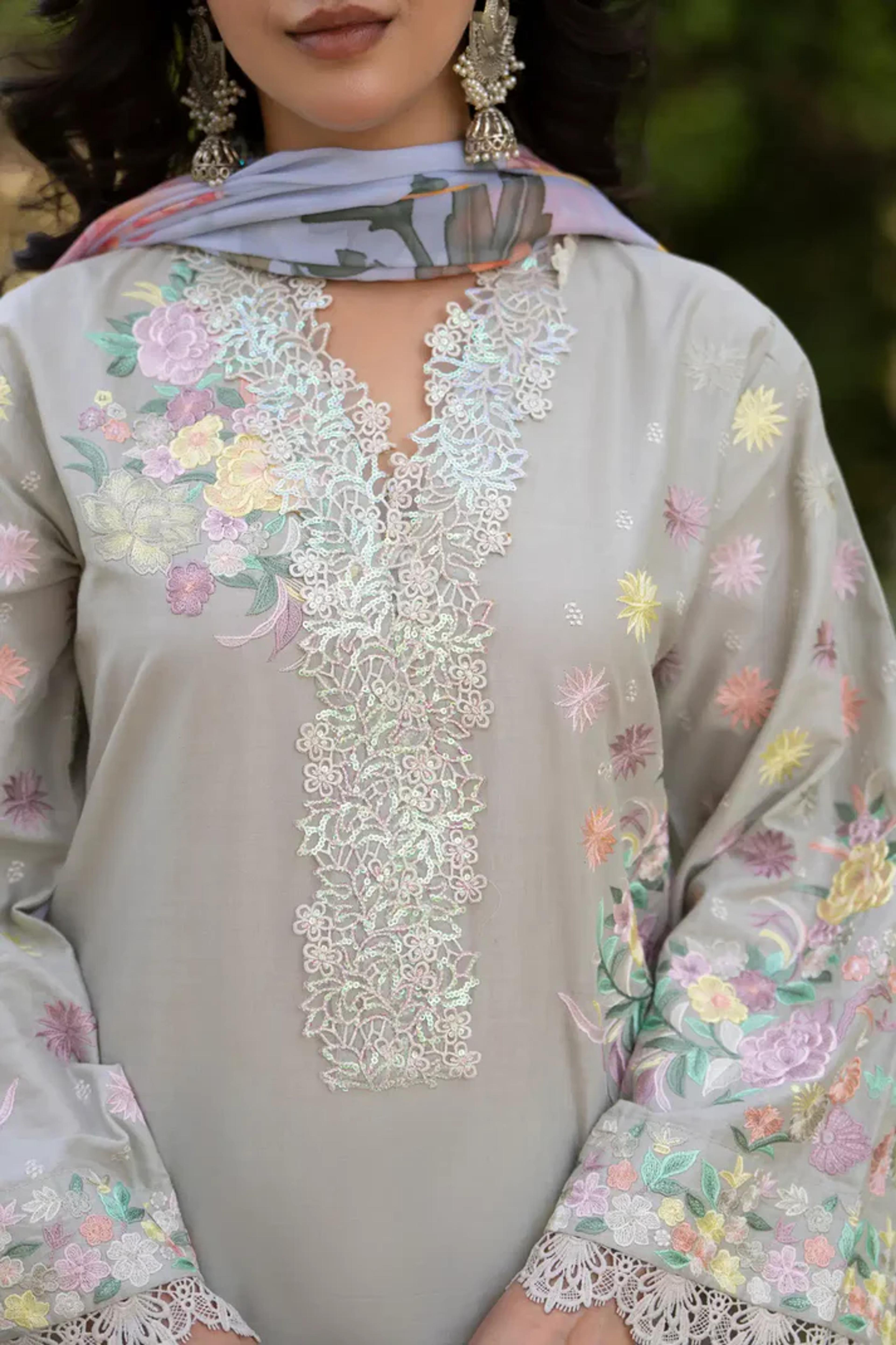 Thread-Work High-Neck Long Shirt with Printed Dupatta - Thumbnail 10