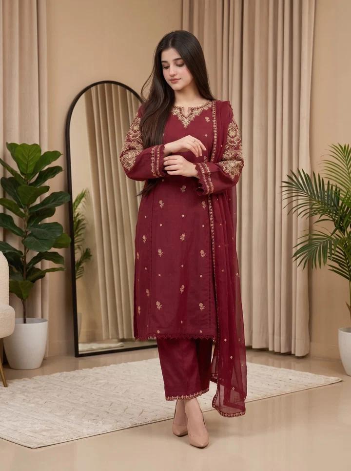 Refined Cotton Lawn Suit with Embroidered - Image 2