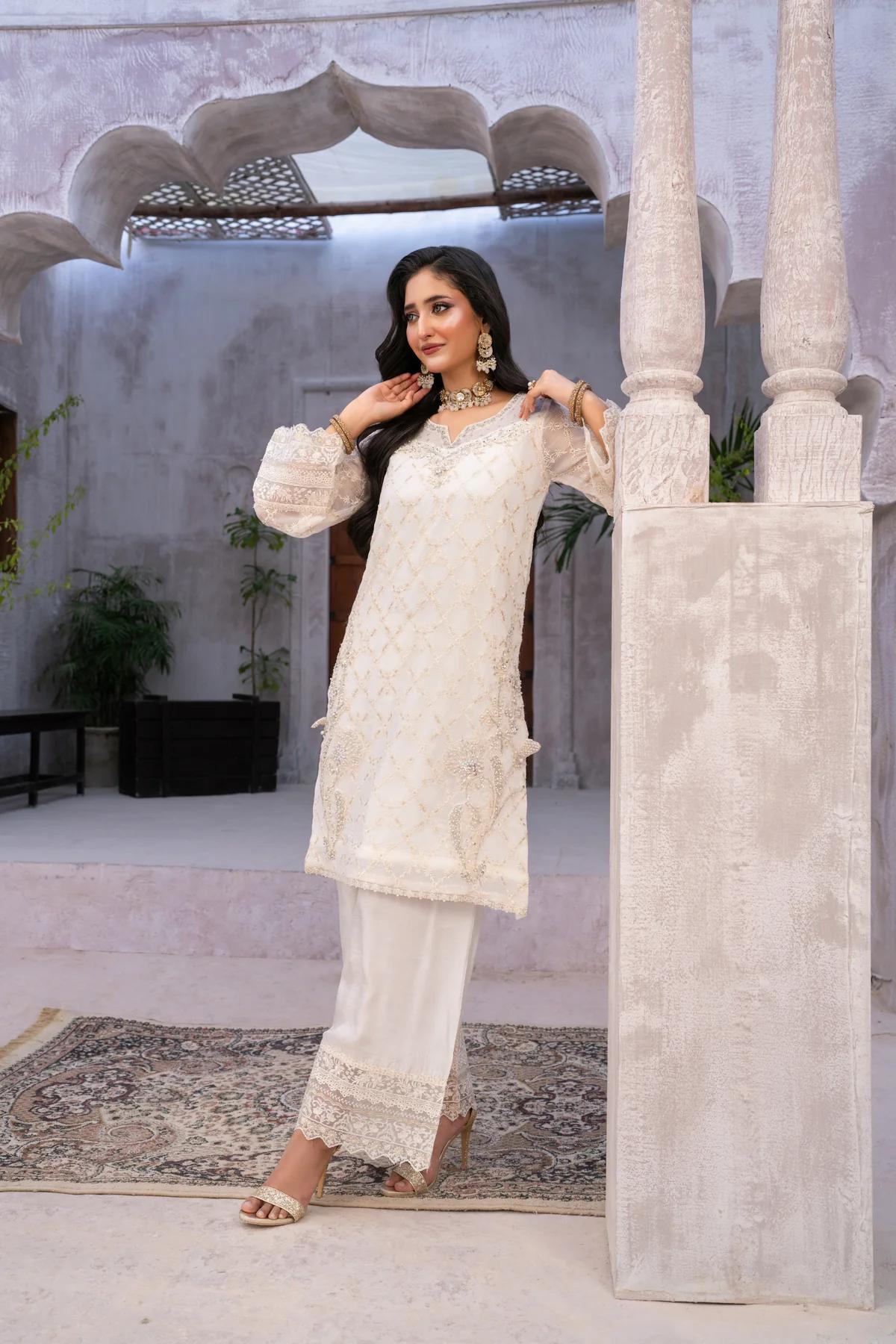 Shirt with Silver Kora Dabka Work & Trousers - Image 3