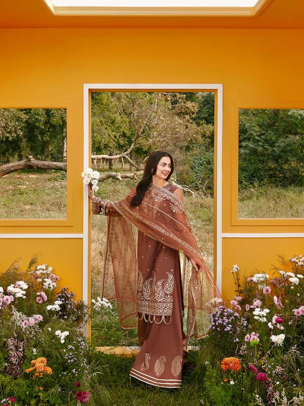 3D Floral Embroidered Suit with Sharara & Dupatta - Image 7
