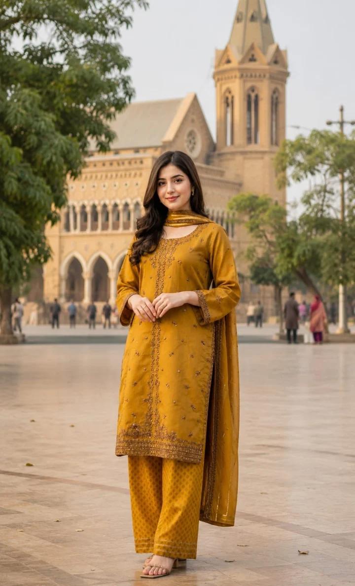Raw Silk Suit with Flapper & Chiffon Dupatta - Image 4