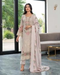 Embroidered Dhanak with Floral Neckline - Thumbnail 1