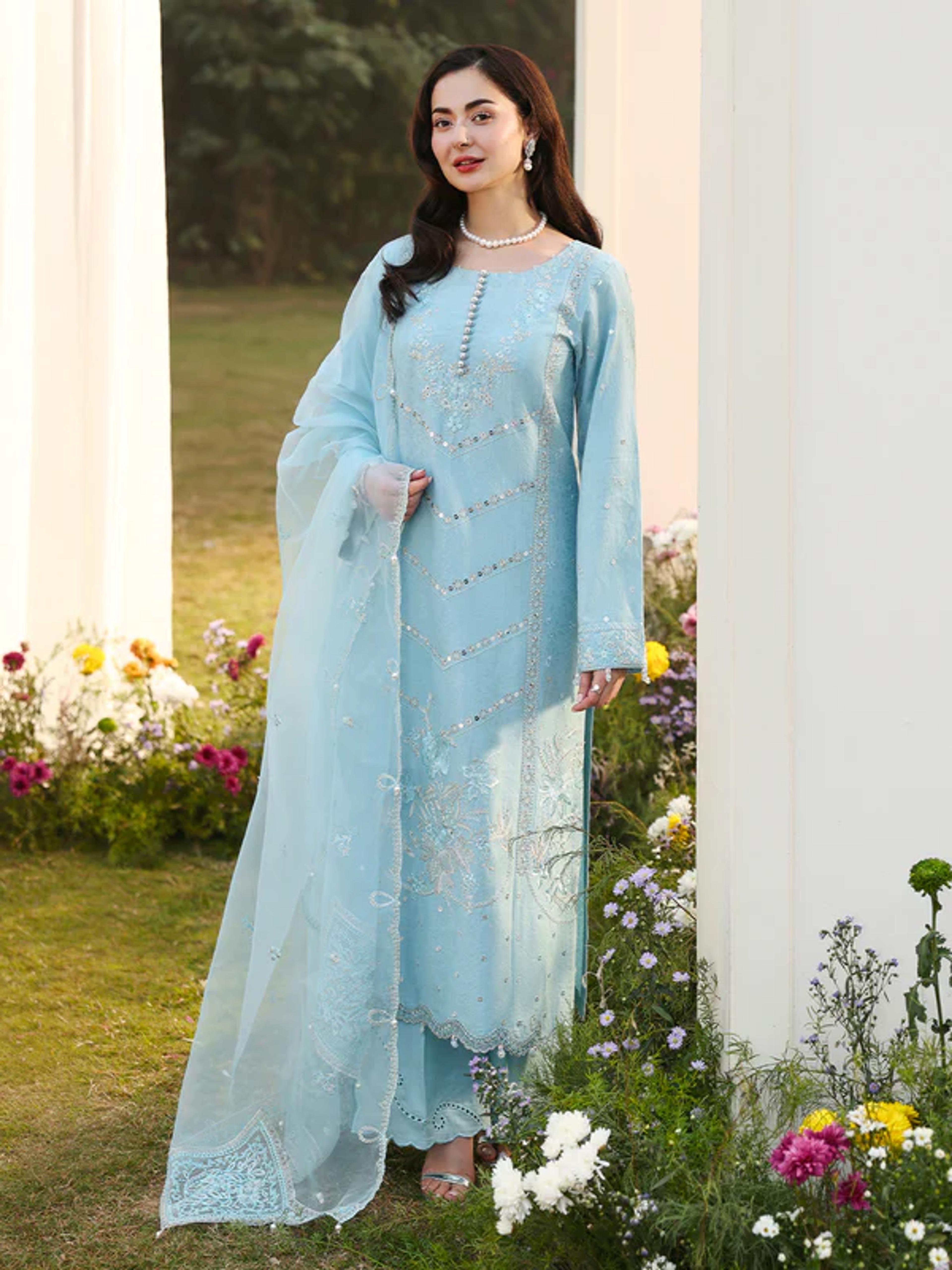 Chikankari Suit&Pearl Embellished Organza Dupatta - Thumbnail 5