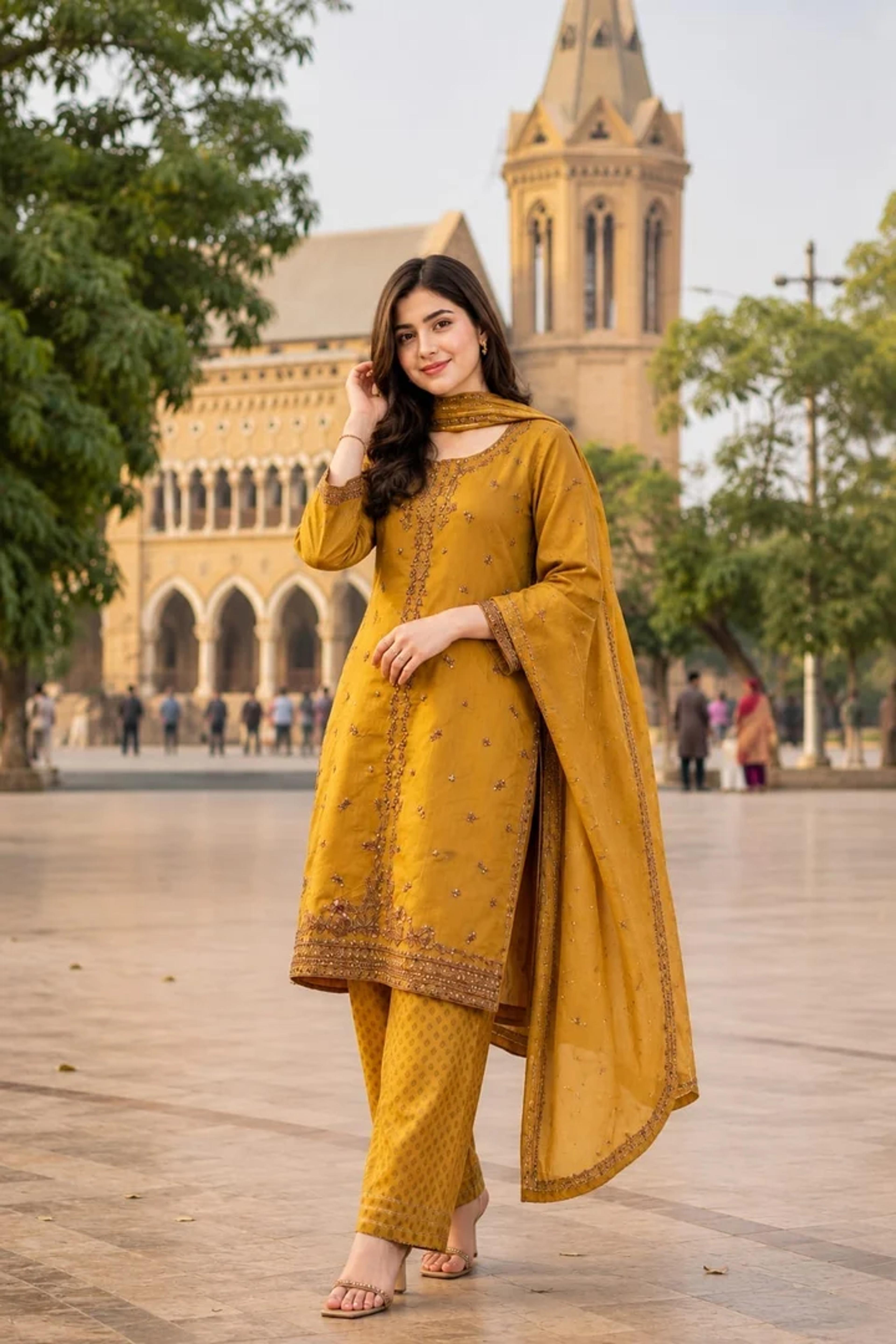 Raw Silk Suit with Flapper & Chiffon Dupatta - Thumbnail 5