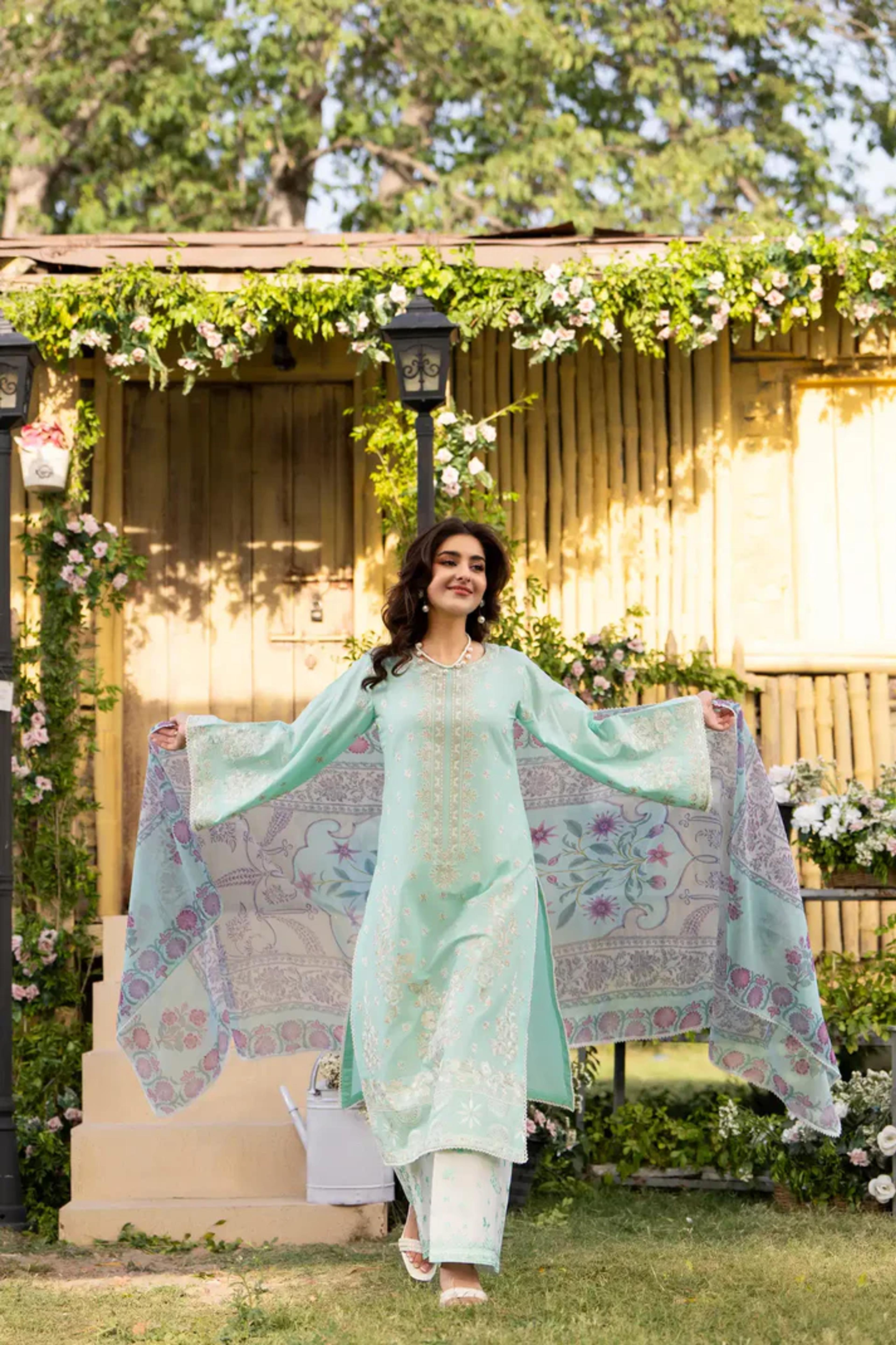 Cotton Embroidered Shirt & Sequins Dupatta  - Thumbnail 14