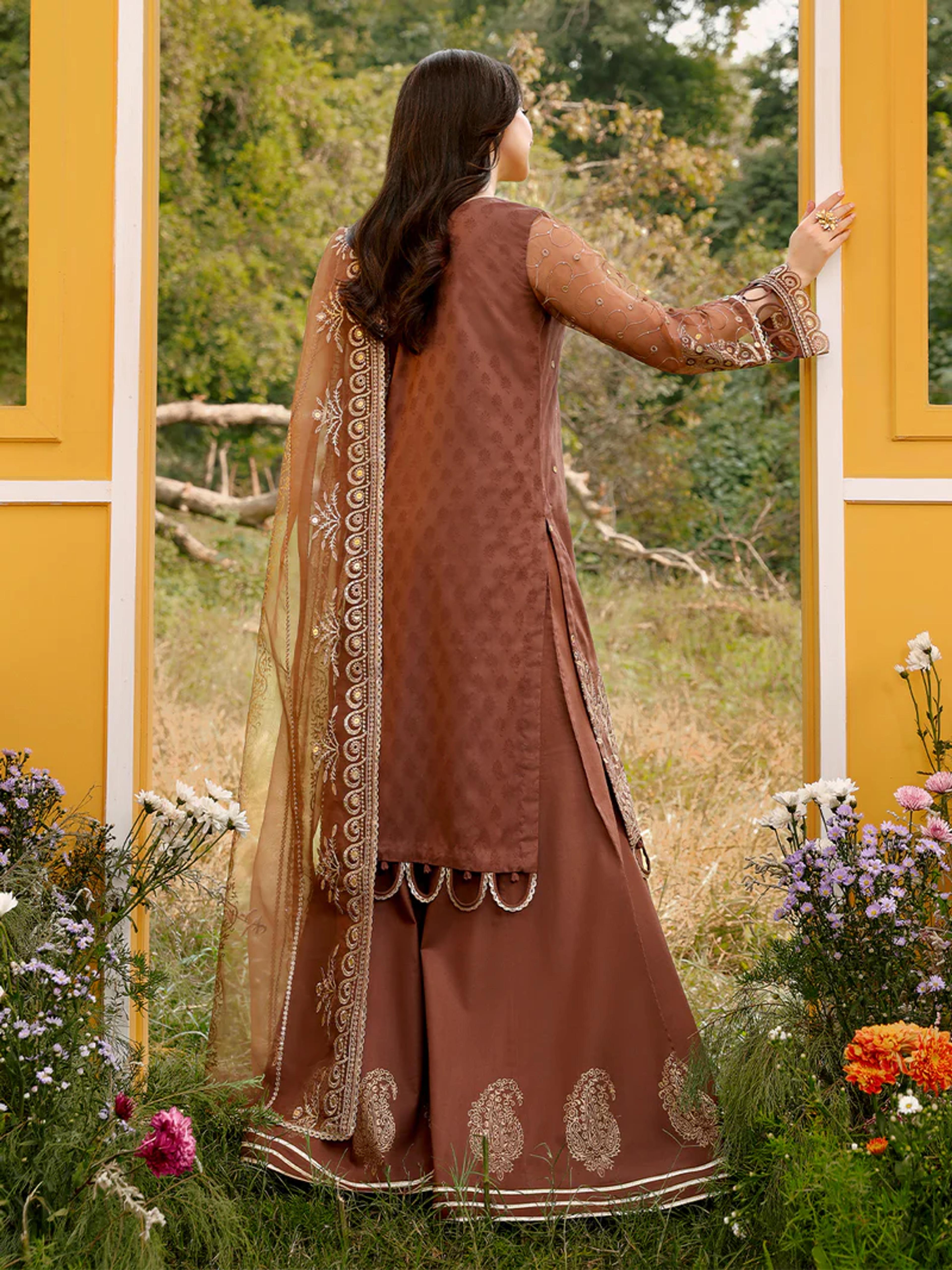 3D Floral Embroidered Suit with Sharara & Dupatta - Thumbnail 3