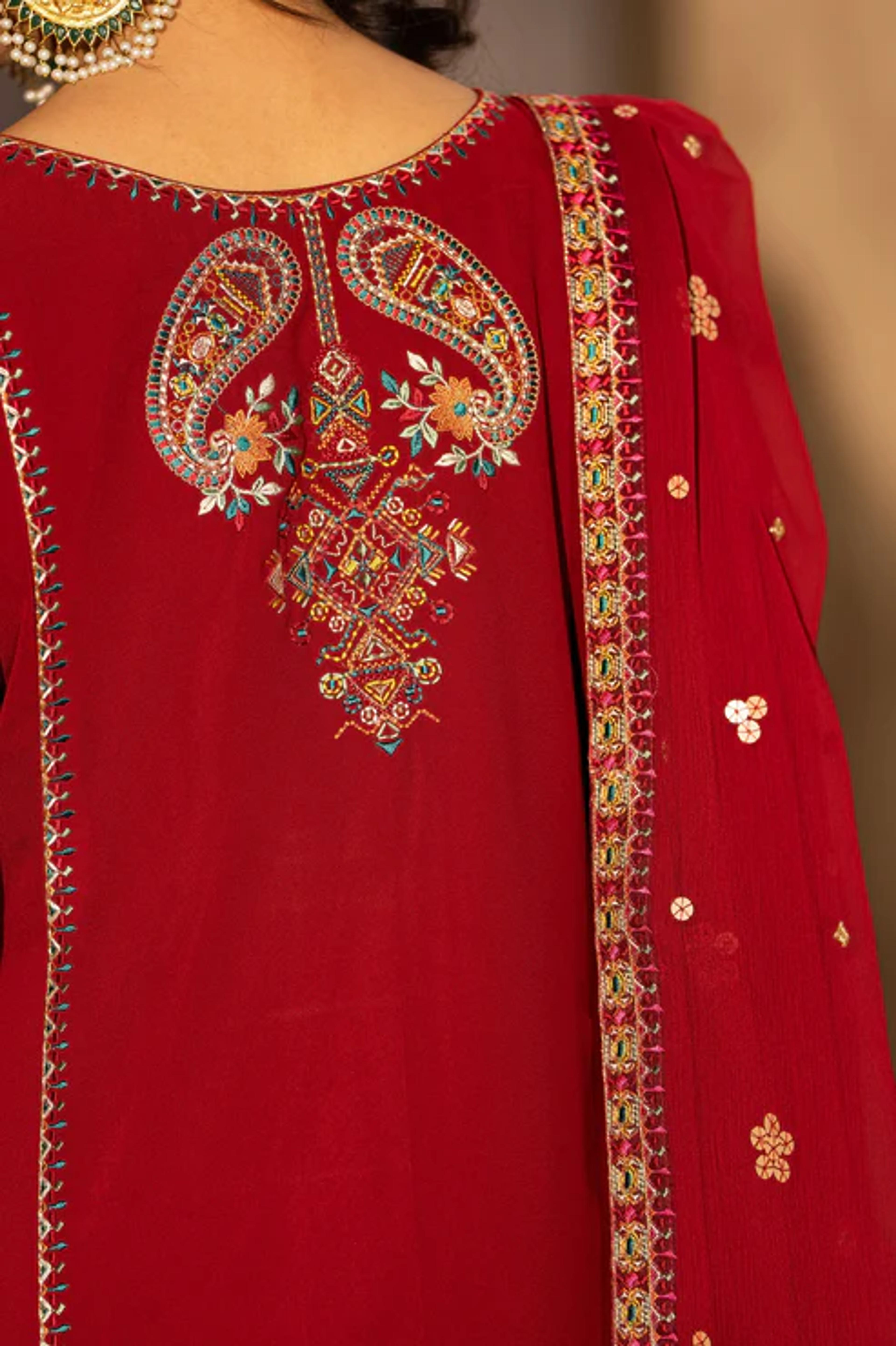 Chiffon Threadwork Suit with Gota Dupatta - Thumbnail 12