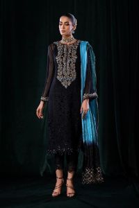 Pure Crinkle Chiffon Embroidered Suit with Silk Dupatta - Thumbnail 4