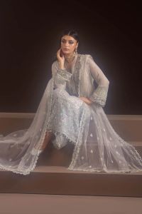 Embroidered Chiffon Suit with Trousers & Dupatta - Thumbnail 6