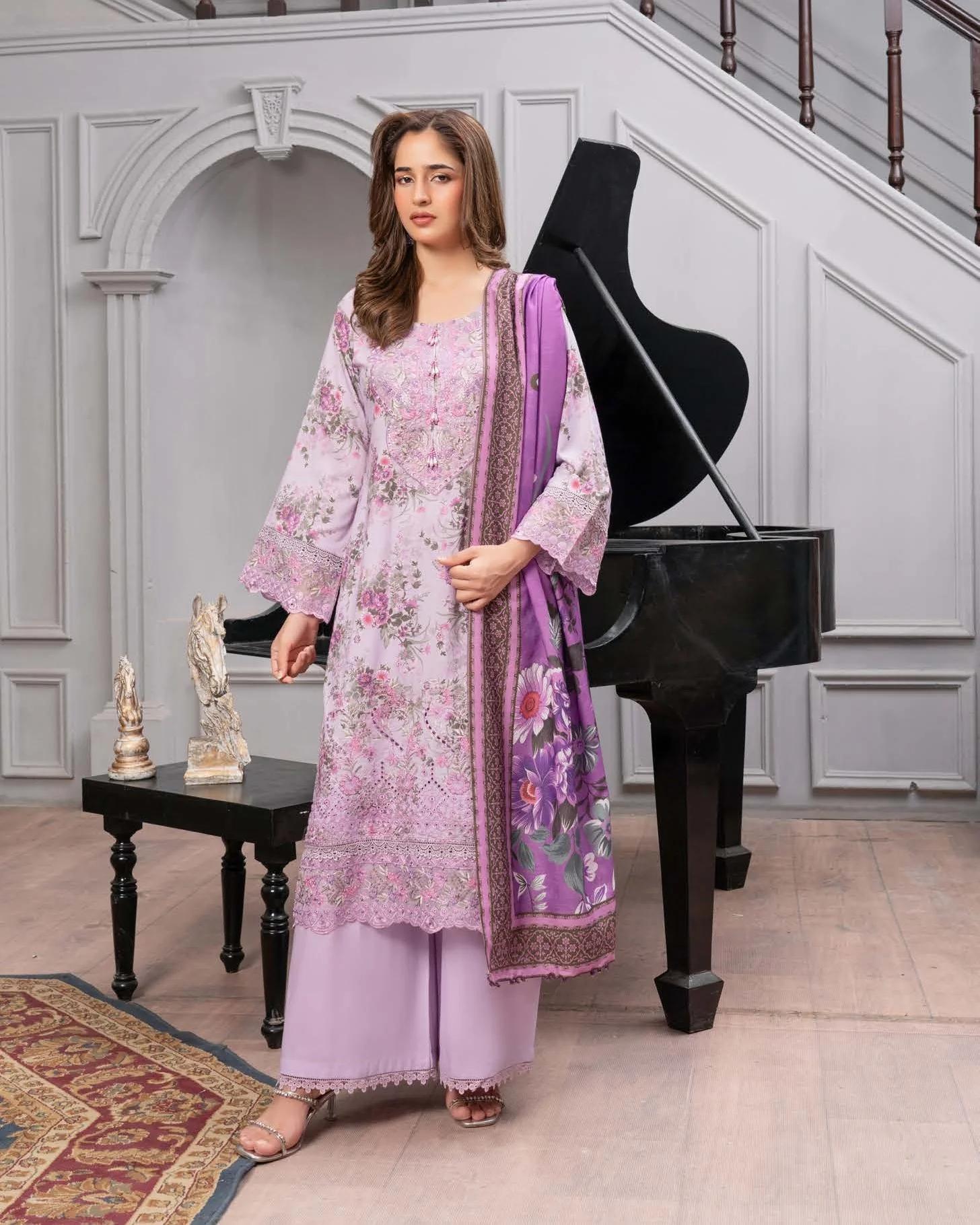 Printed Embroidered Suit with Beaded Tassel - Image 1