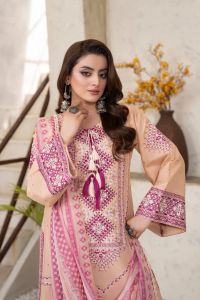 Embroidered Cotton Suit with Applique & Tassels - Thumbnail 9