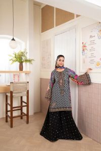 Festive Lawn Ensemble with Flared Sharara - Thumbnail 1