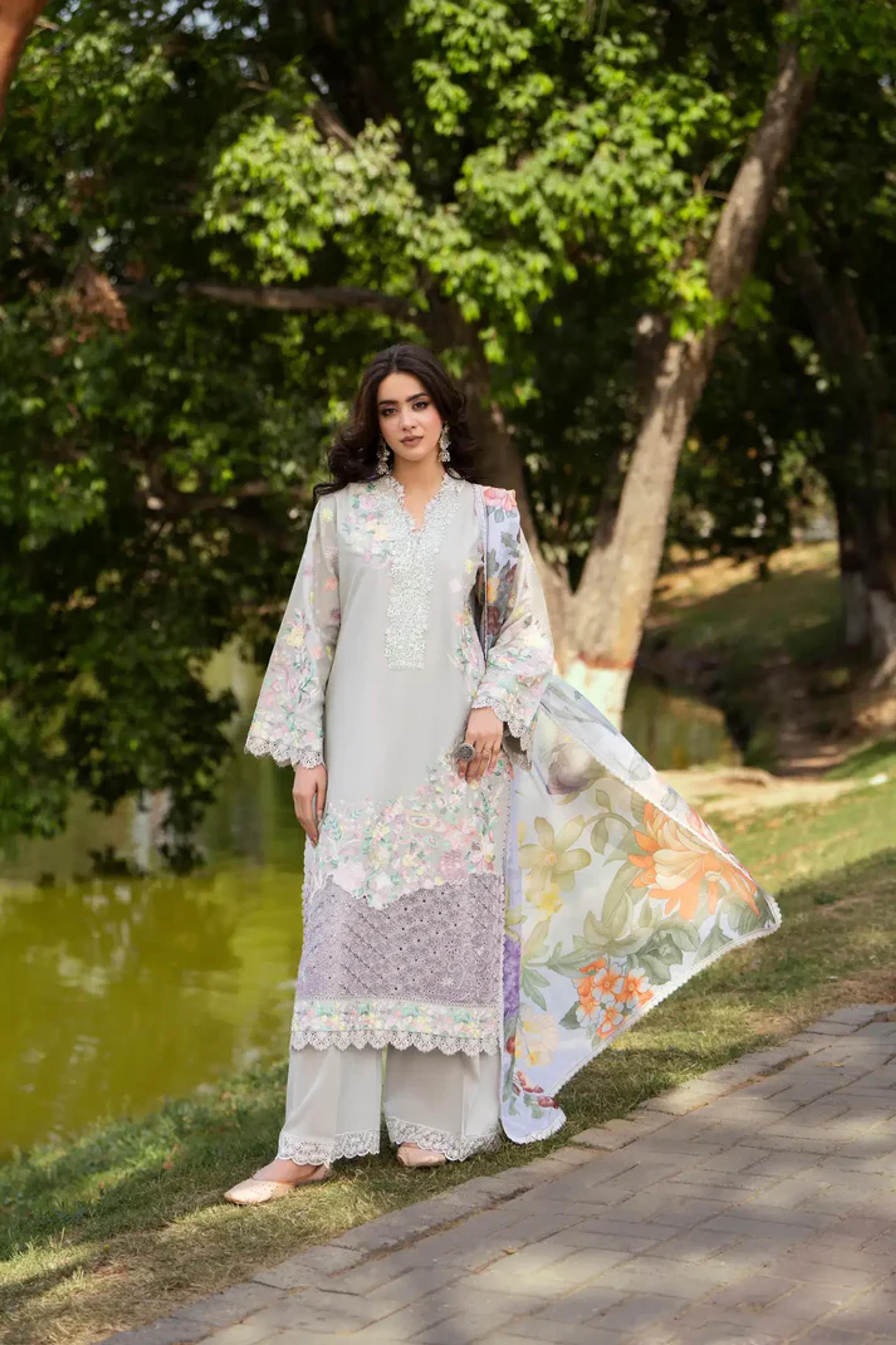 Thread-Work High-Neck Long Shirt with Printed Dupatta - Thumbnail 9