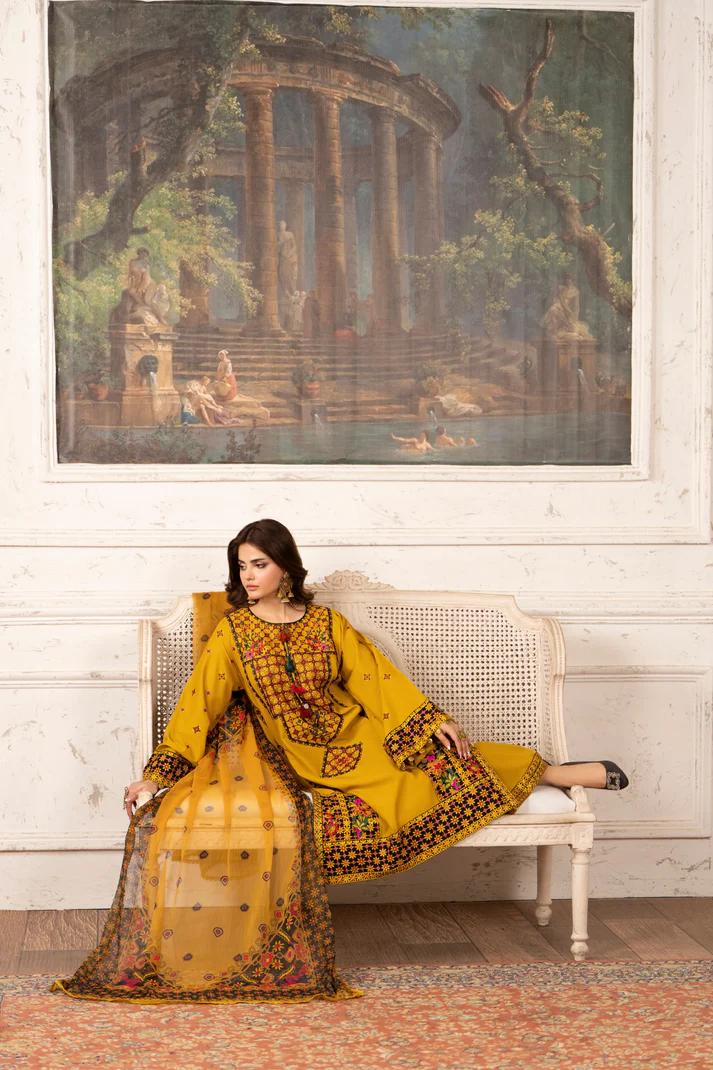 Sindhi Embroidered Shirt & Loose Trouser with Chiffon Dupatta - Image 9