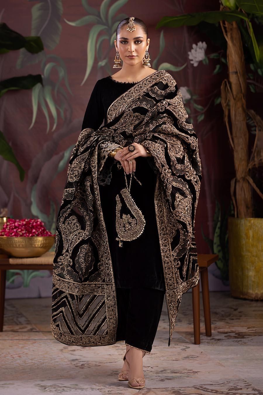 Embroidered Velvet Suit with Net Shawl - Image 1