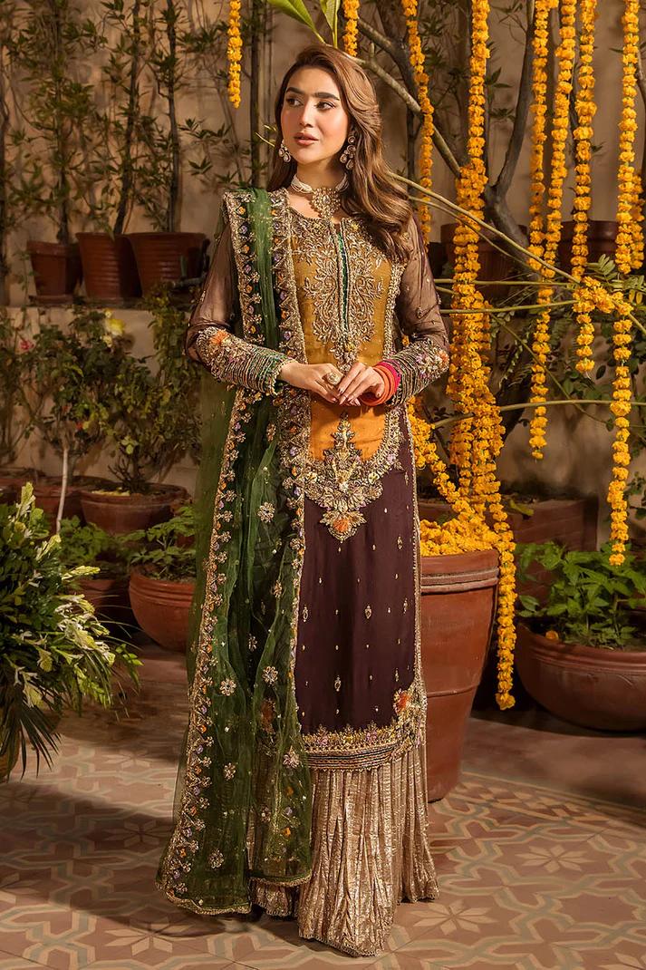 Embroidered Chiffon Suit with Net Dupatta & Sharara - Image 9