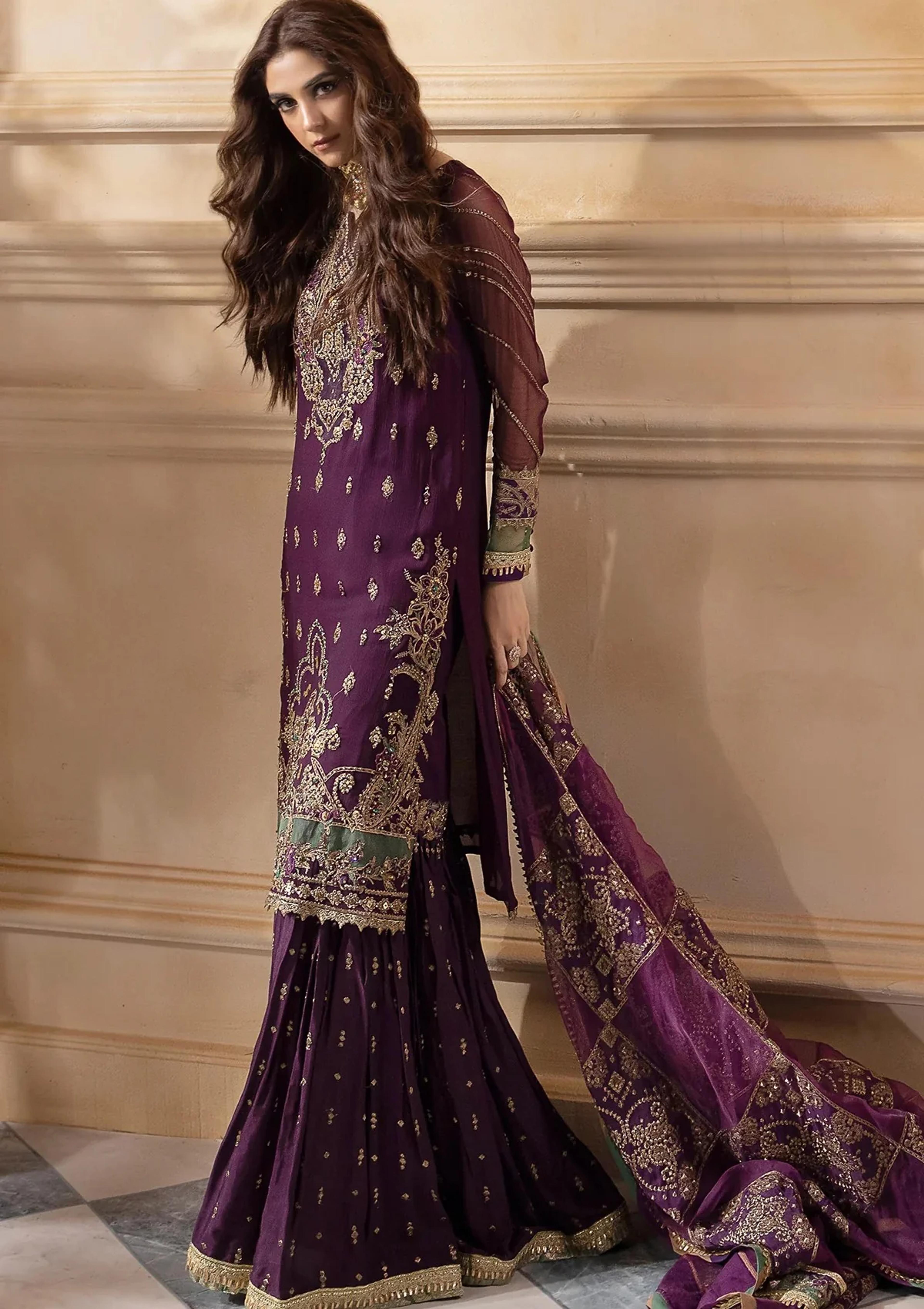 Embroidered Plum Gharara Suit - Thumbnail 4