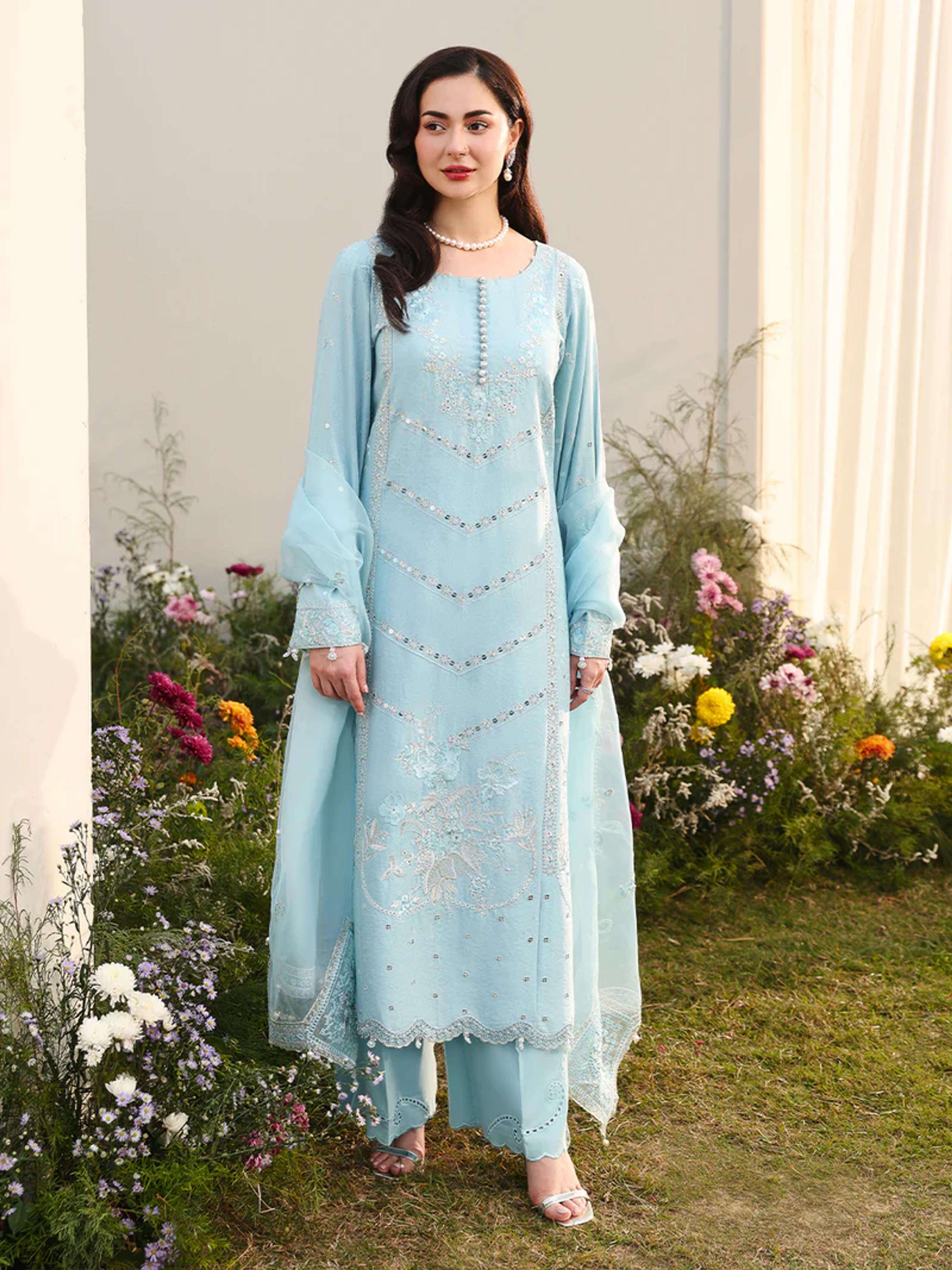 Chikankari Suit&Pearl Embellished Organza Dupatta - Thumbnail 1