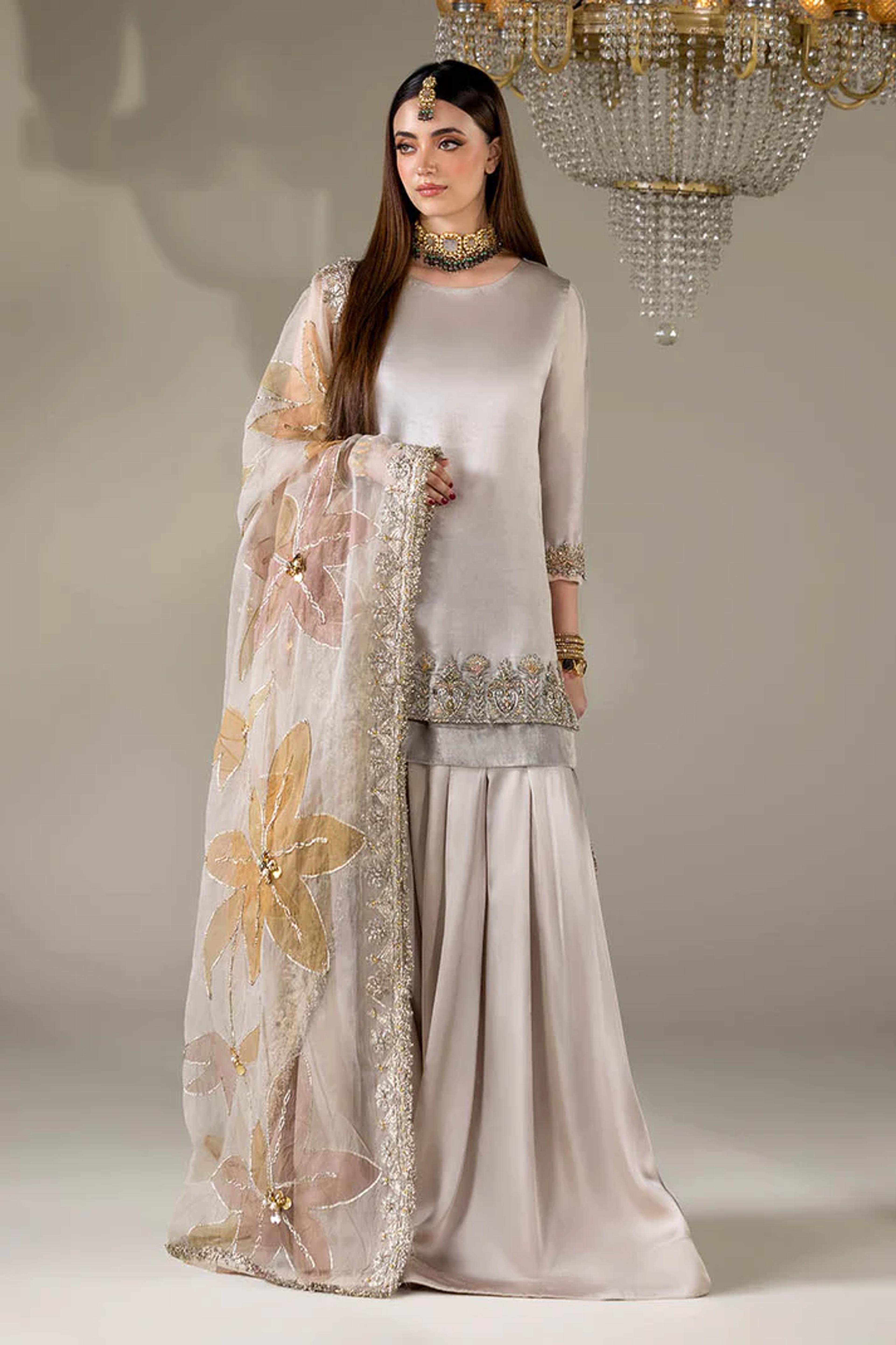 Silk Suit with Embellished Dupatta & Sharara - Thumbnail 2