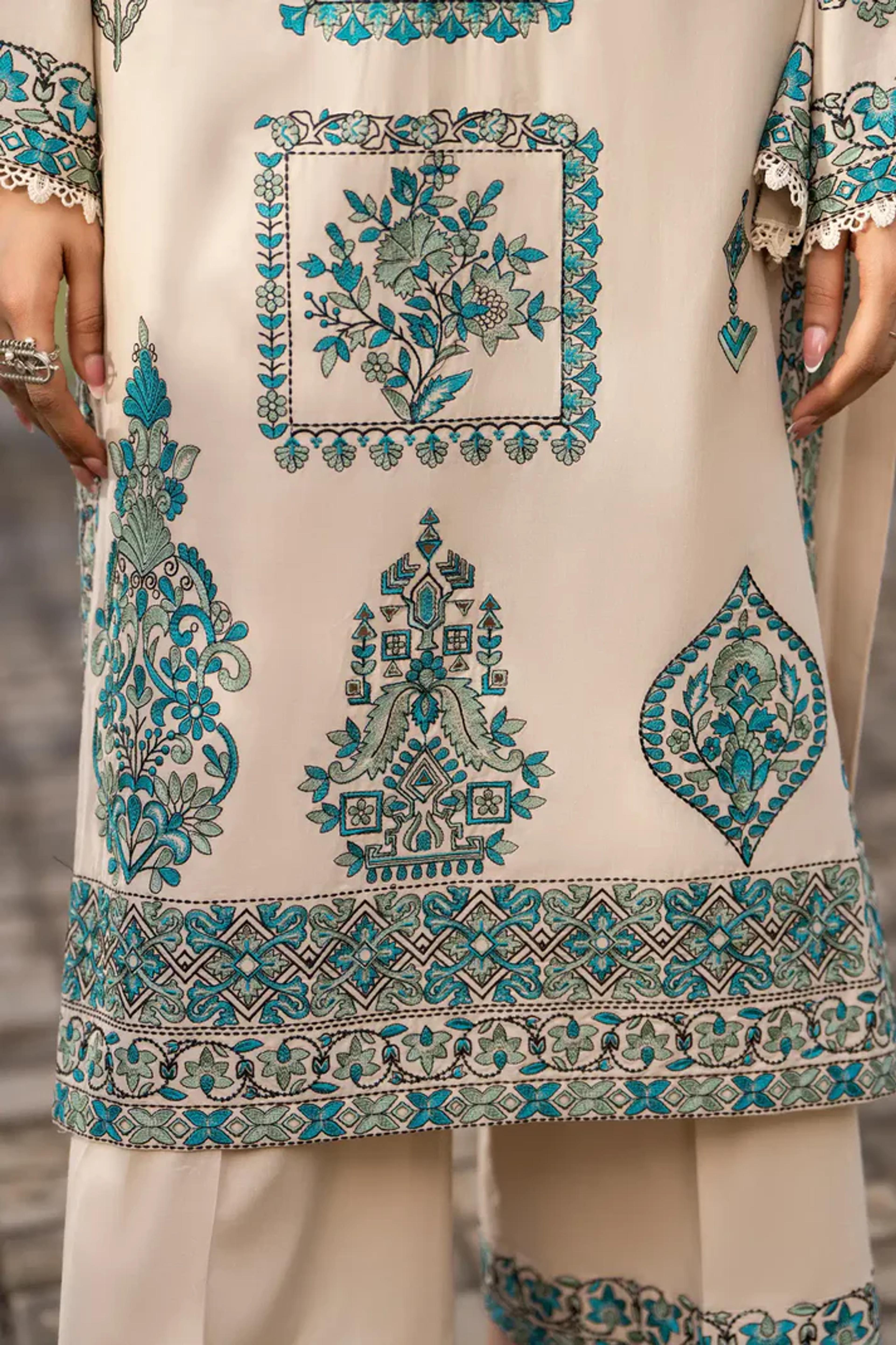 Multi-Thread Embroidered Shirt with Silk Dupatta & Plazo - Thumbnail 5