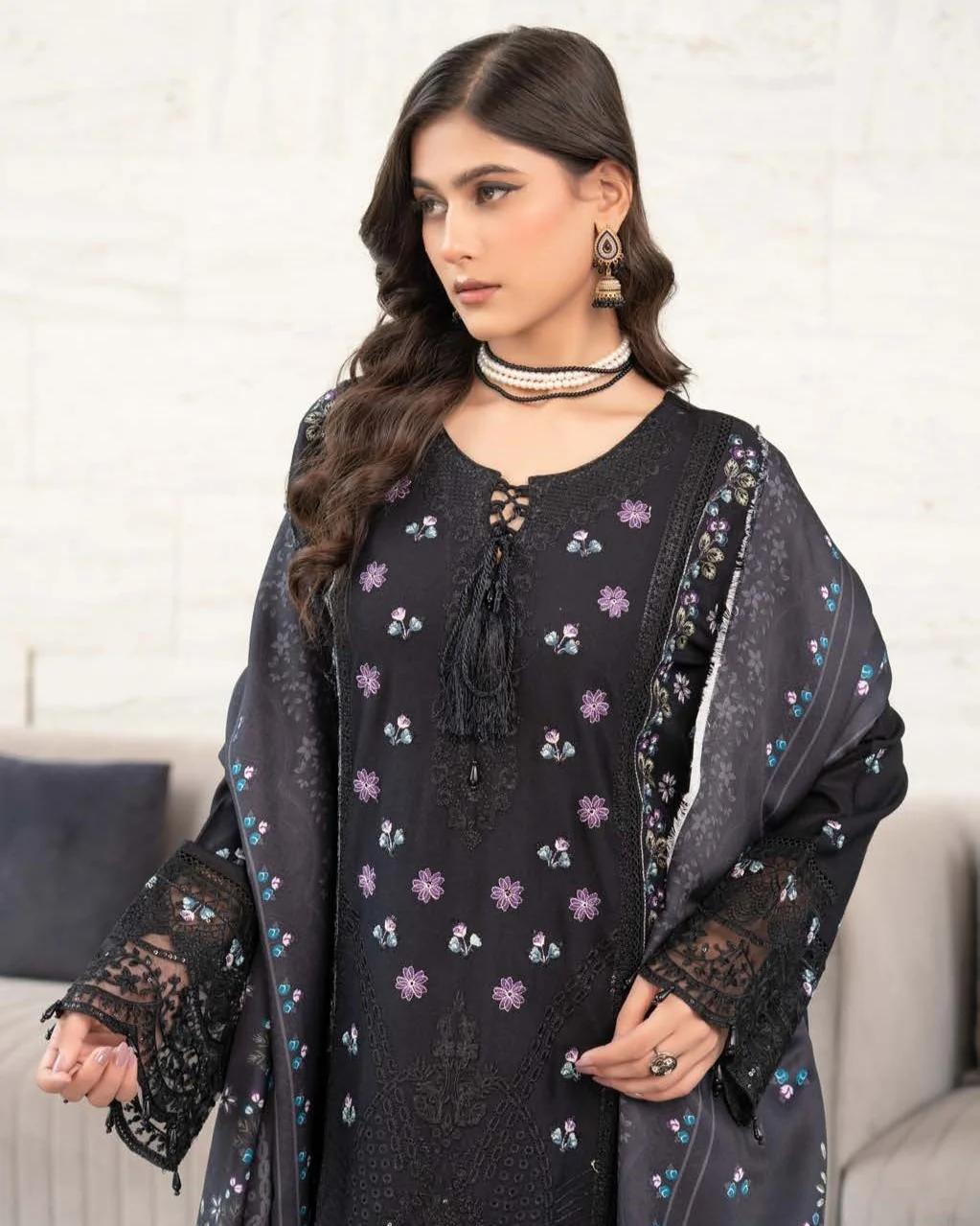 Embroidered Suit with Lace Up Neckline - Image 5