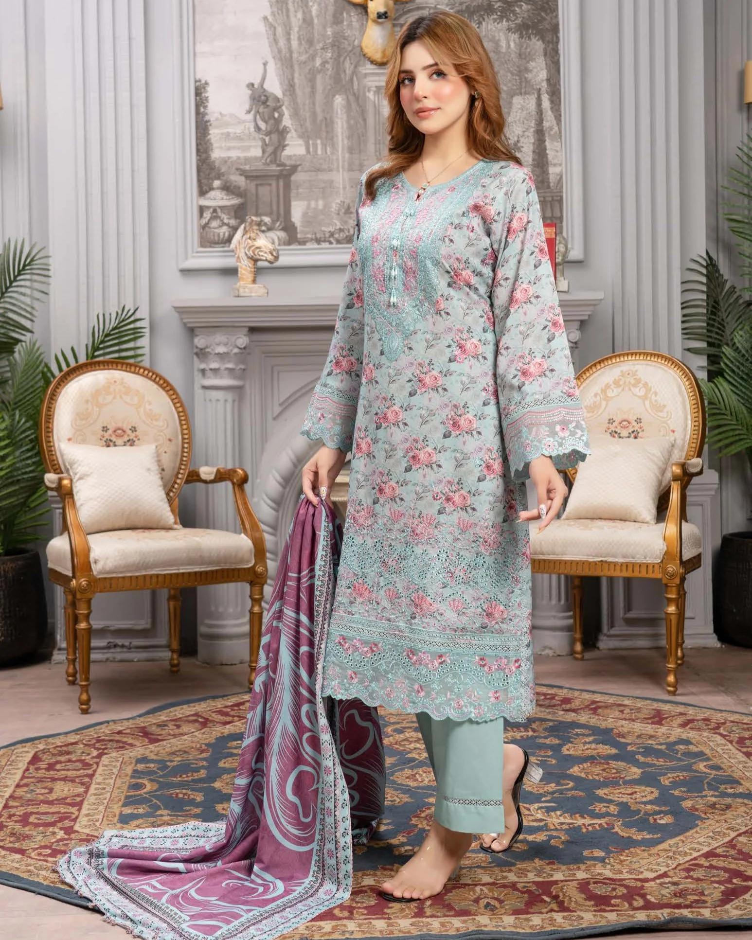 Printed Embroidered Suit with Rose Print - Image 1