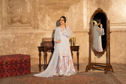 Embroidered Shirt with Printed Silk Sharara - Image 8